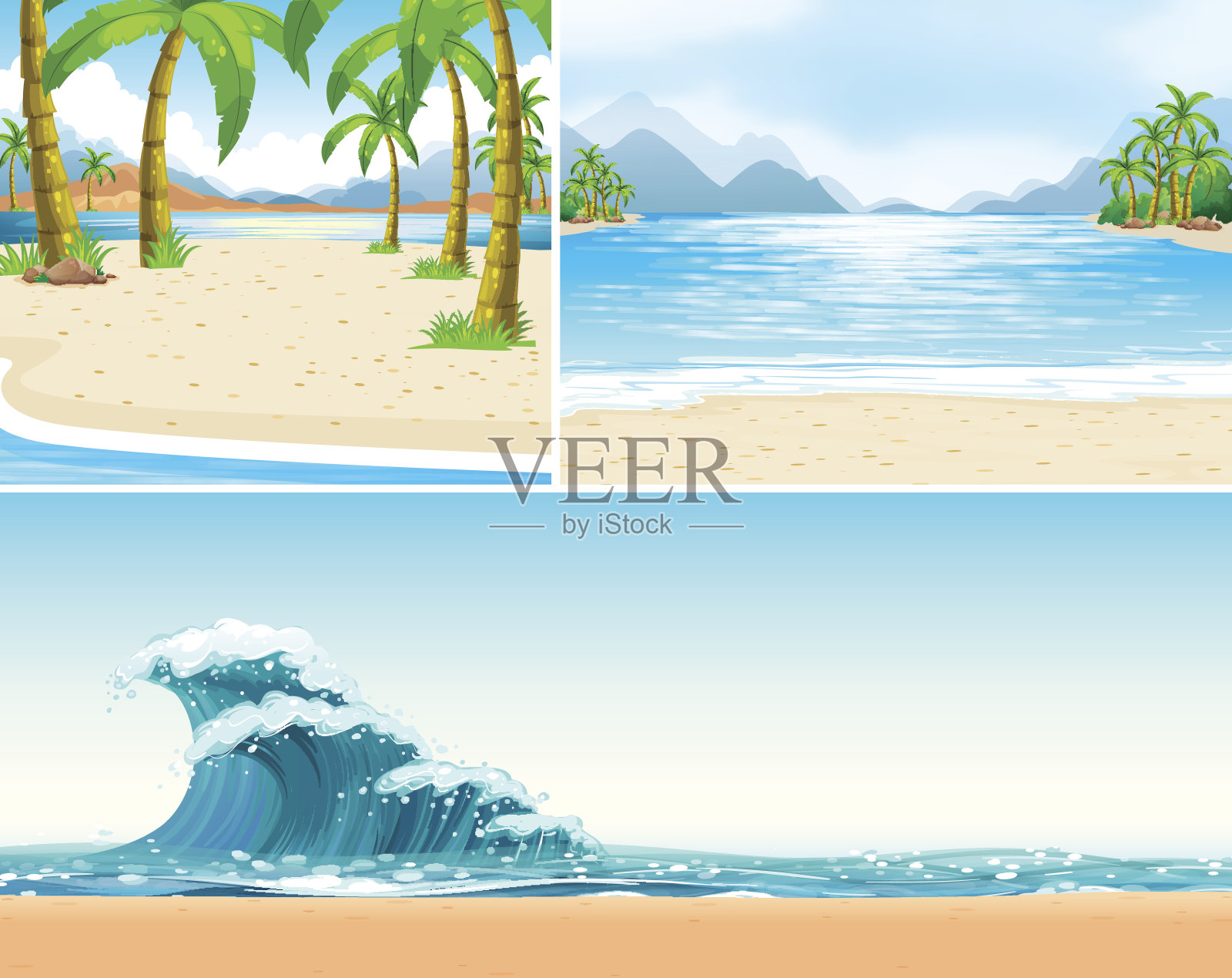 三个场景的海滩和海洋插画图片素材