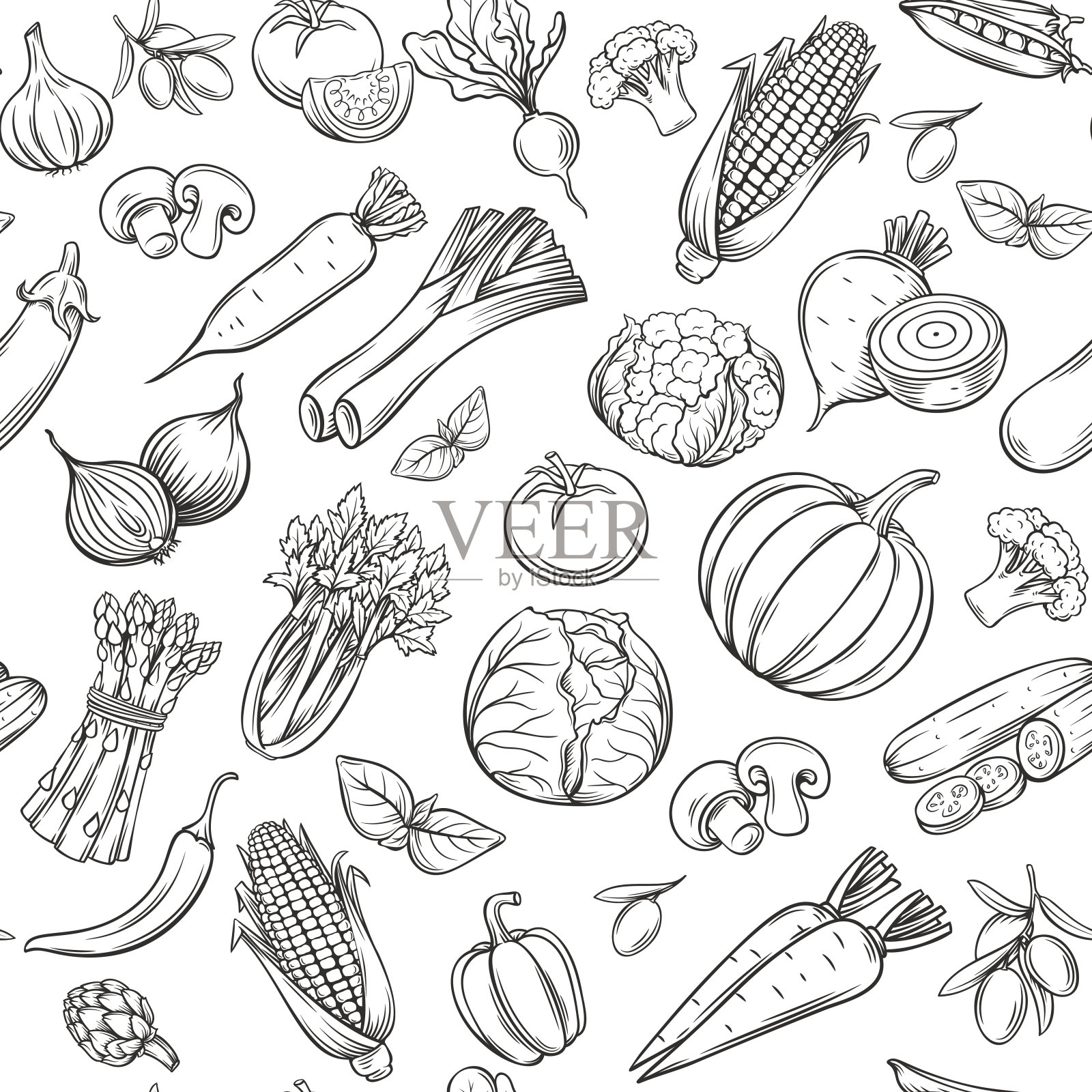 手绘蔬菜无缝图案。插画图片素材