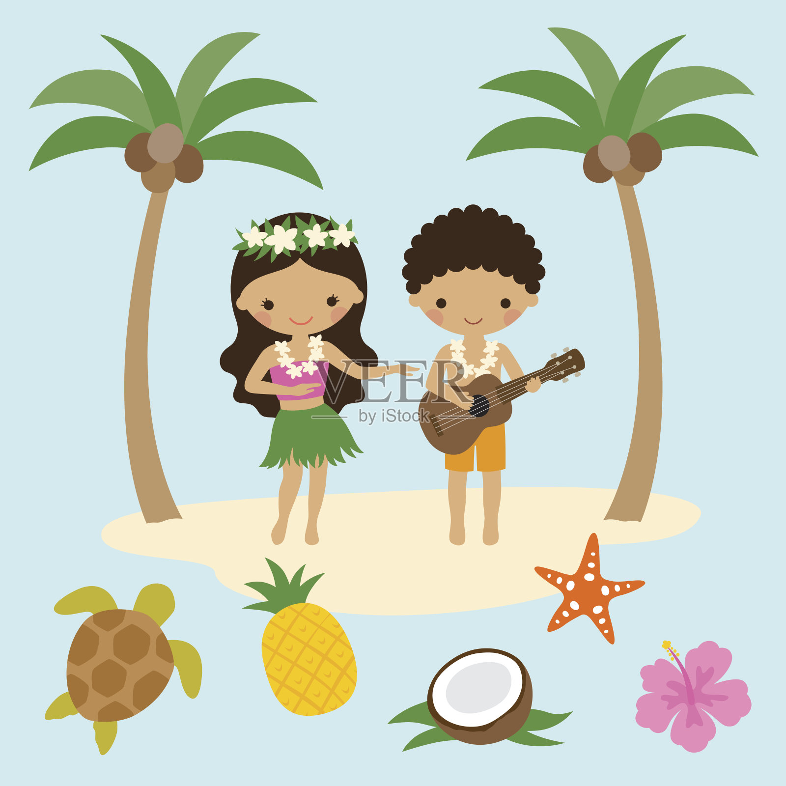 夏威夷的草裙舞女孩和尤克里里男孩插画图片素材