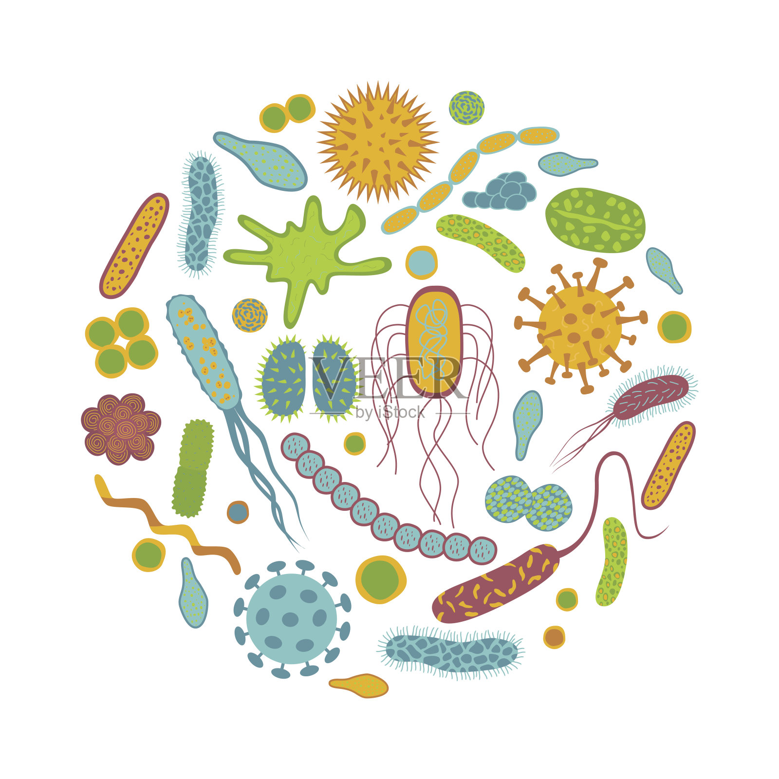 细菌和细菌图标孤立在白色背景上。插画图片素材