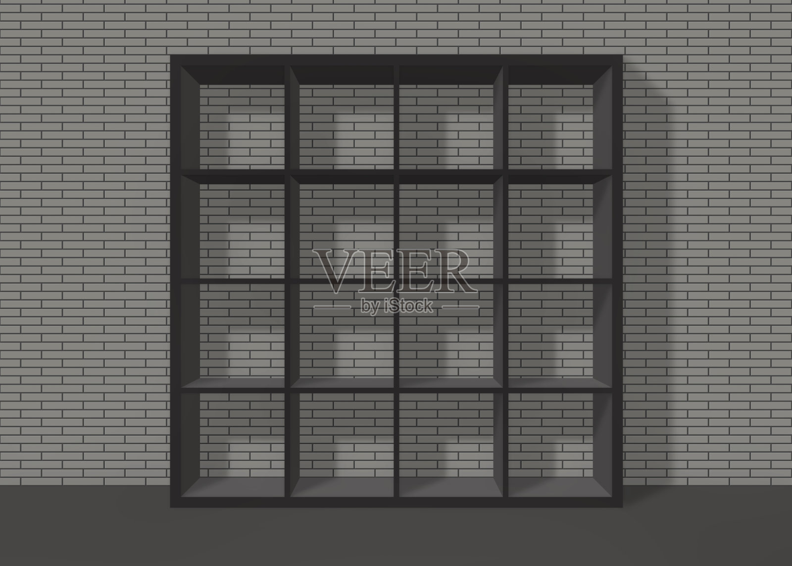 灰色砖墙背景上的黑色空方形书架插画图片素材