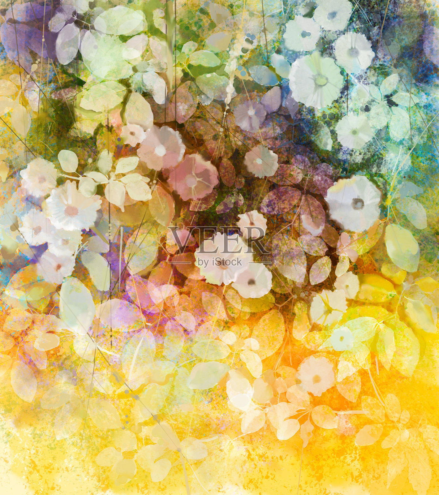 水彩画上白色的花朵和色彩柔和的叶子插画图片素材