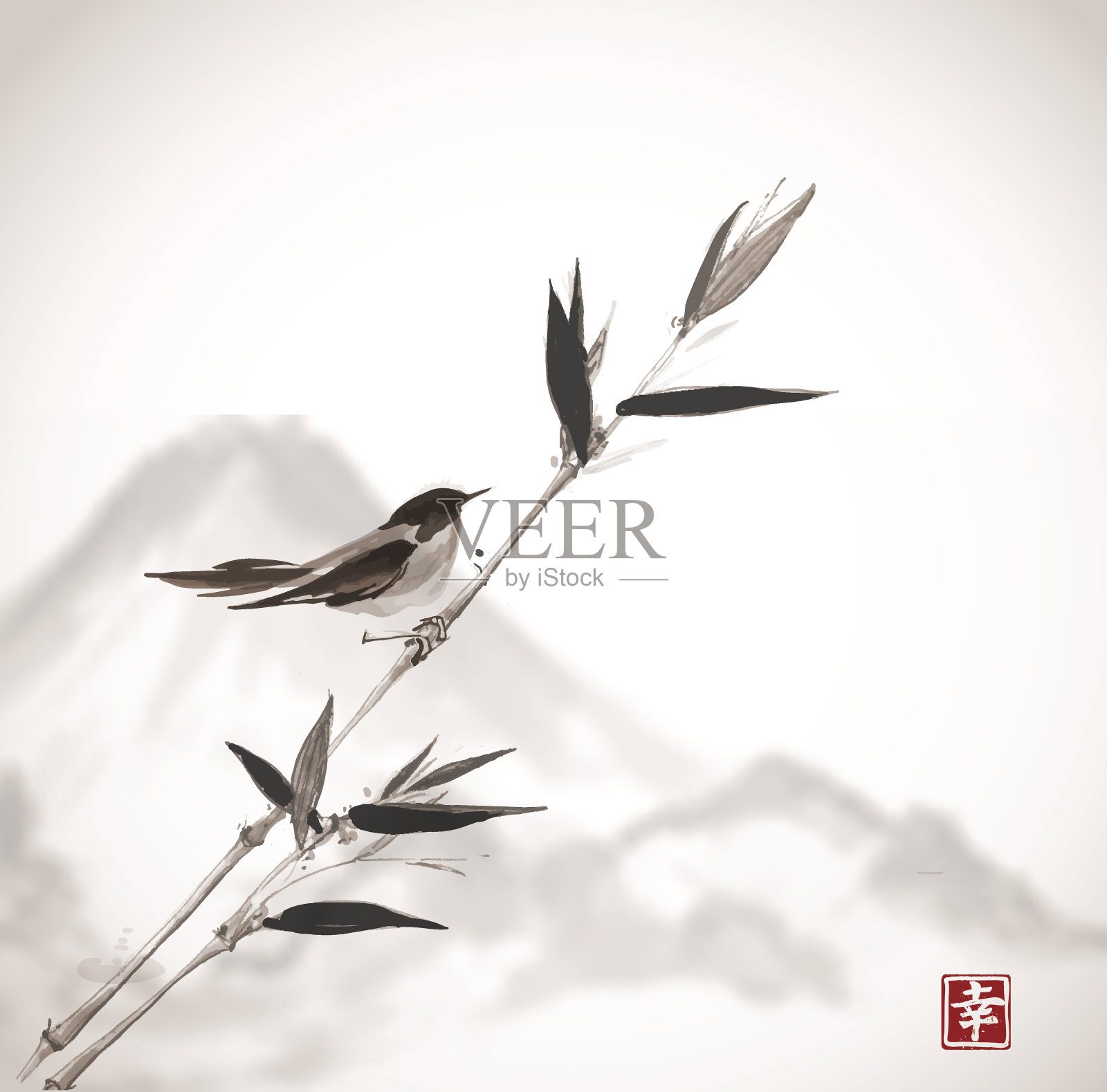 鸟，竹枝，山藤山插画图片素材