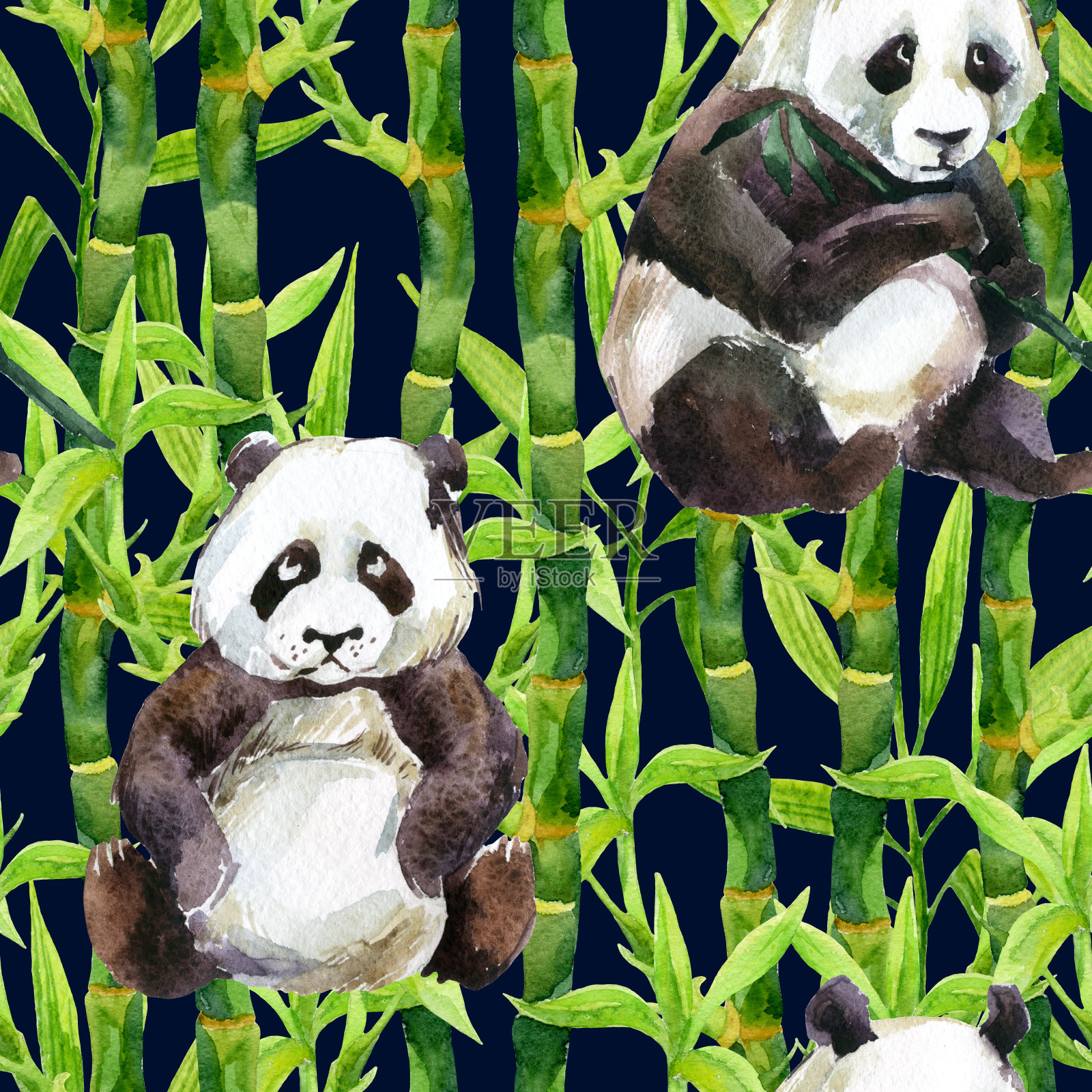 熊猫用竹水彩无缝图案背景图片素材