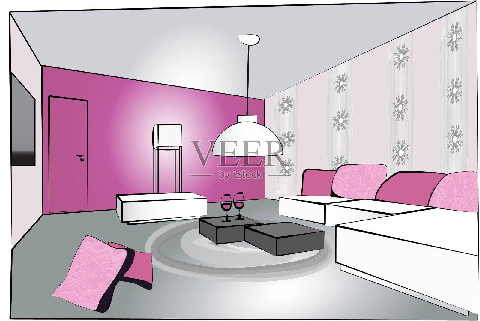 彩色插图的复古客厅室内设计插画图片素材