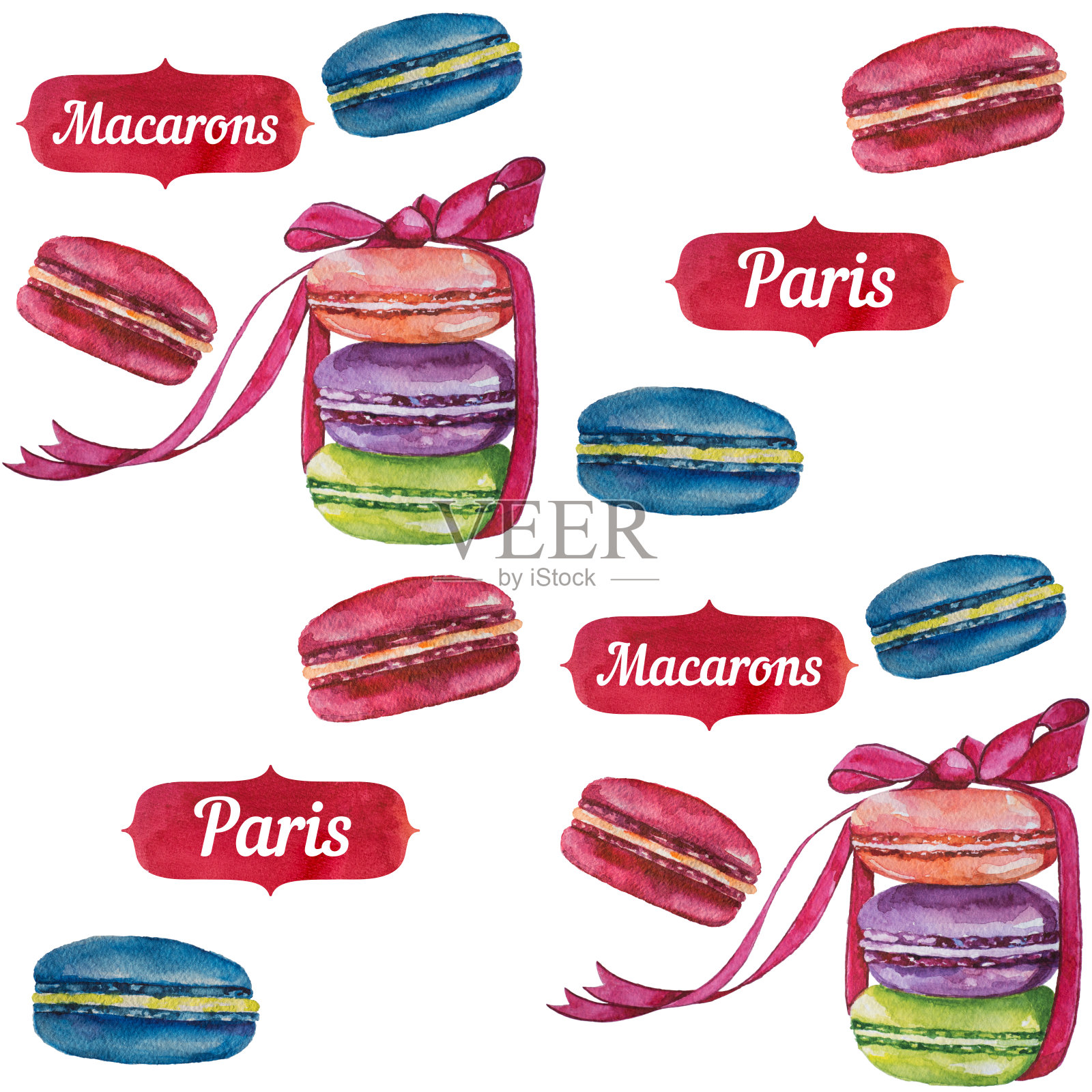 法式马卡龙饼干水彩插画图案。插画图片素材