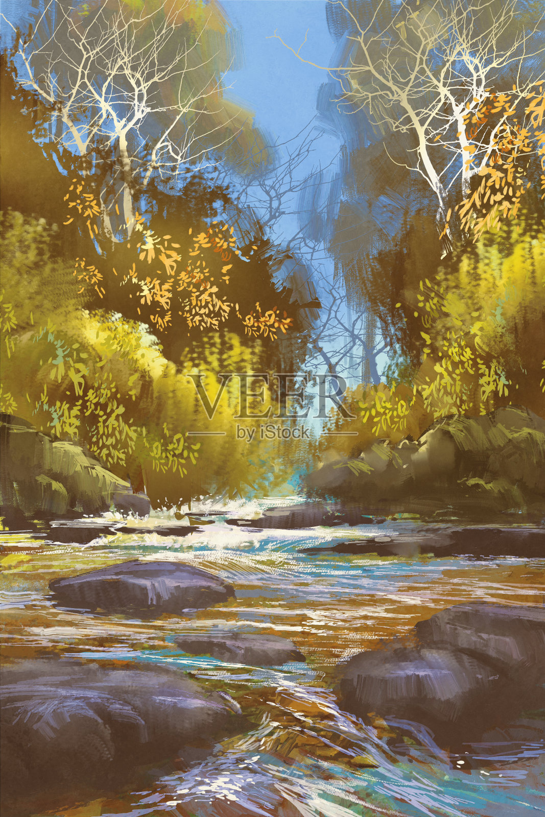 森林小溪、瀑布山水画插画图片素材