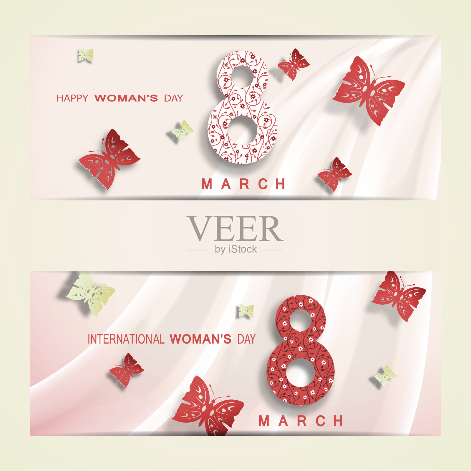 国际妇女节快乐矢量卡上的数字日期，红色和绿色的蝴蝶剪纸与阴影和波浪在浅绿色的背景。插画图片素材