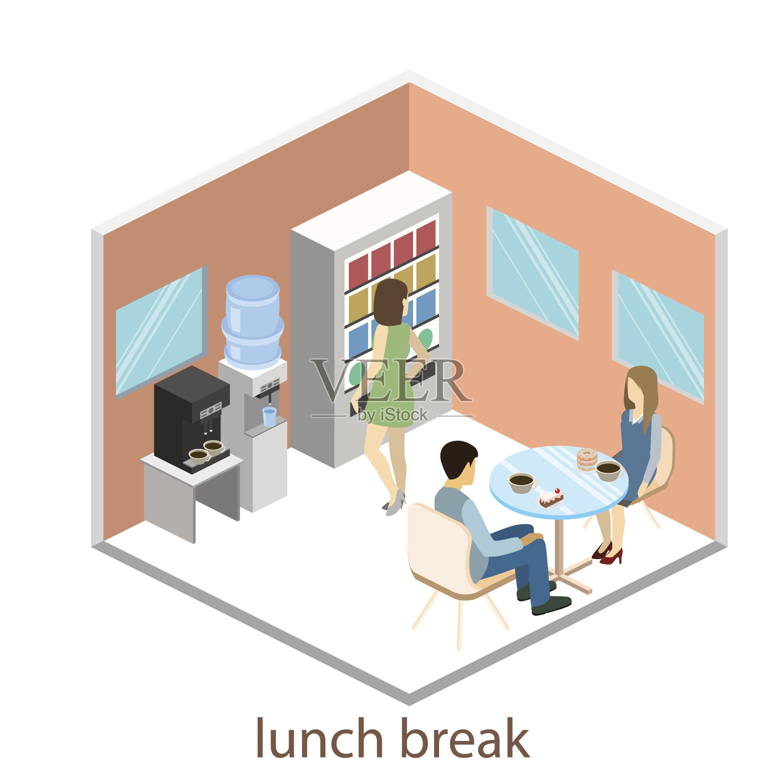 平面三维等距抽象办公室楼层室内部门概念矢量。办公室生活。办公室的工作空间。插画图片素材