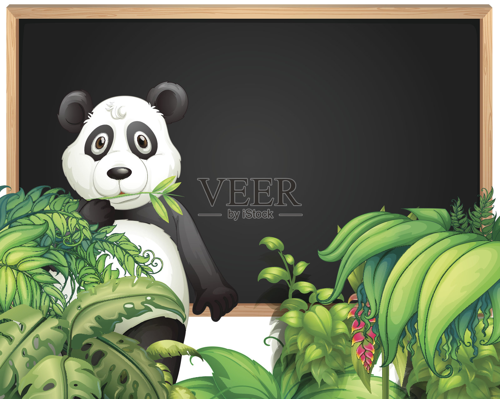 木板模板与熊猫在树林里插画图片素材