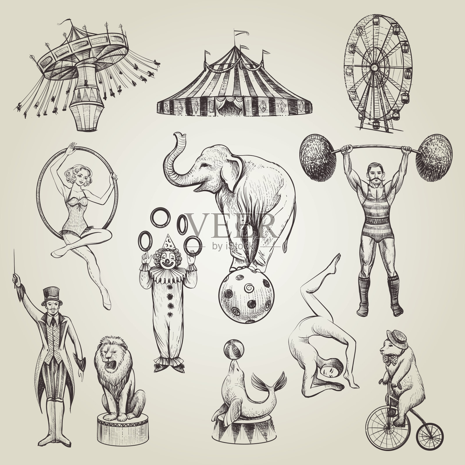 马戏团复古手绘矢量插图集。插画图片素材