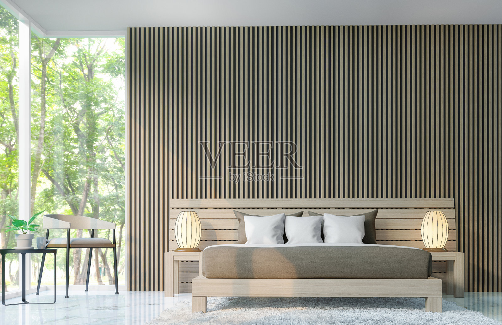 现代卧室装饰墙壁与木格3d渲染图像照片摄影图片