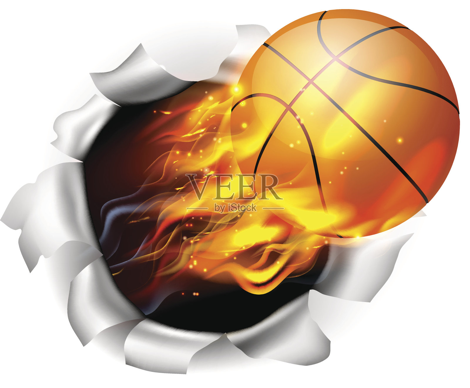 燃烧的篮球撕裂一个洞的背景插画图片素材