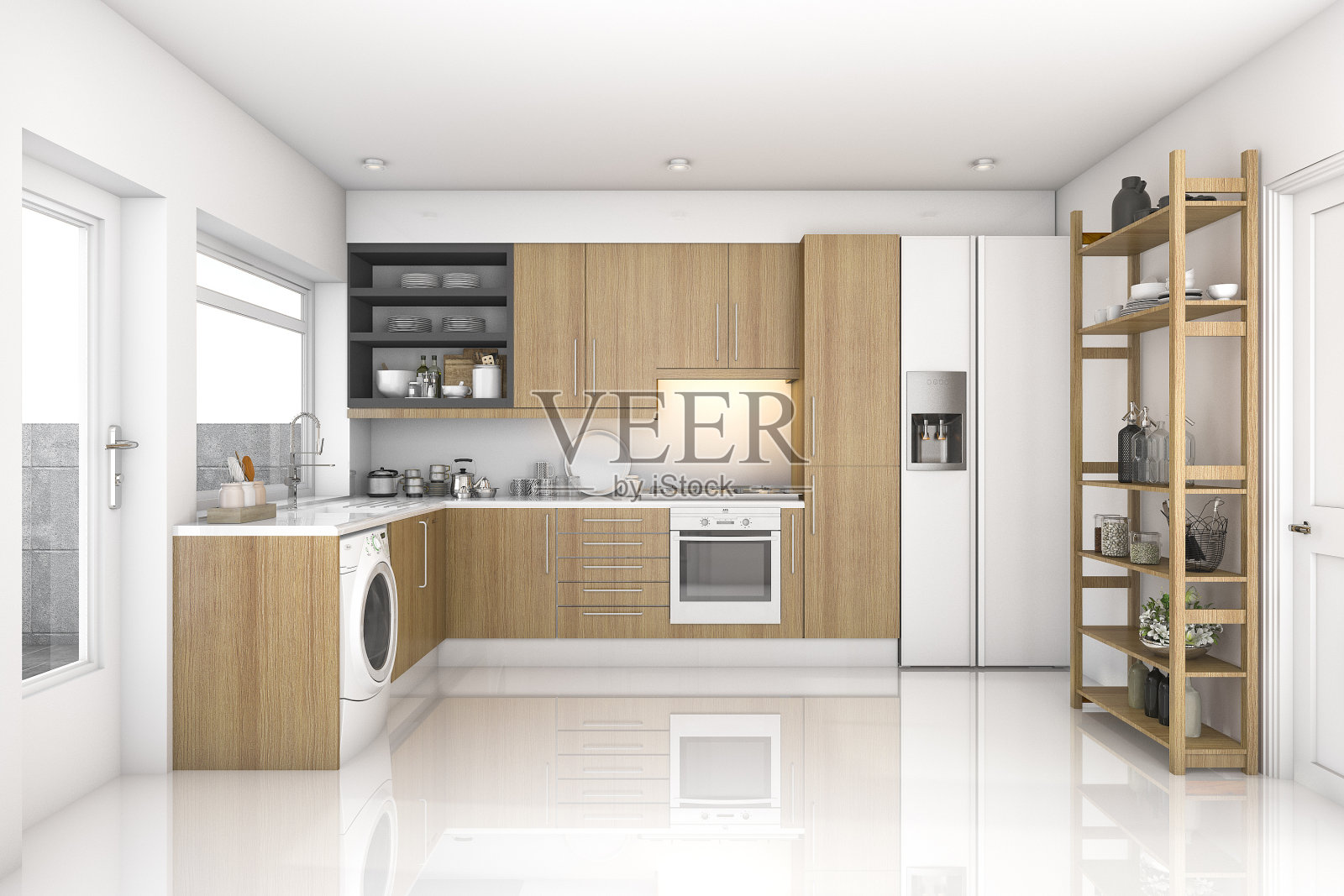 3d渲染木材现代洗衣房和厨房照片摄影图片