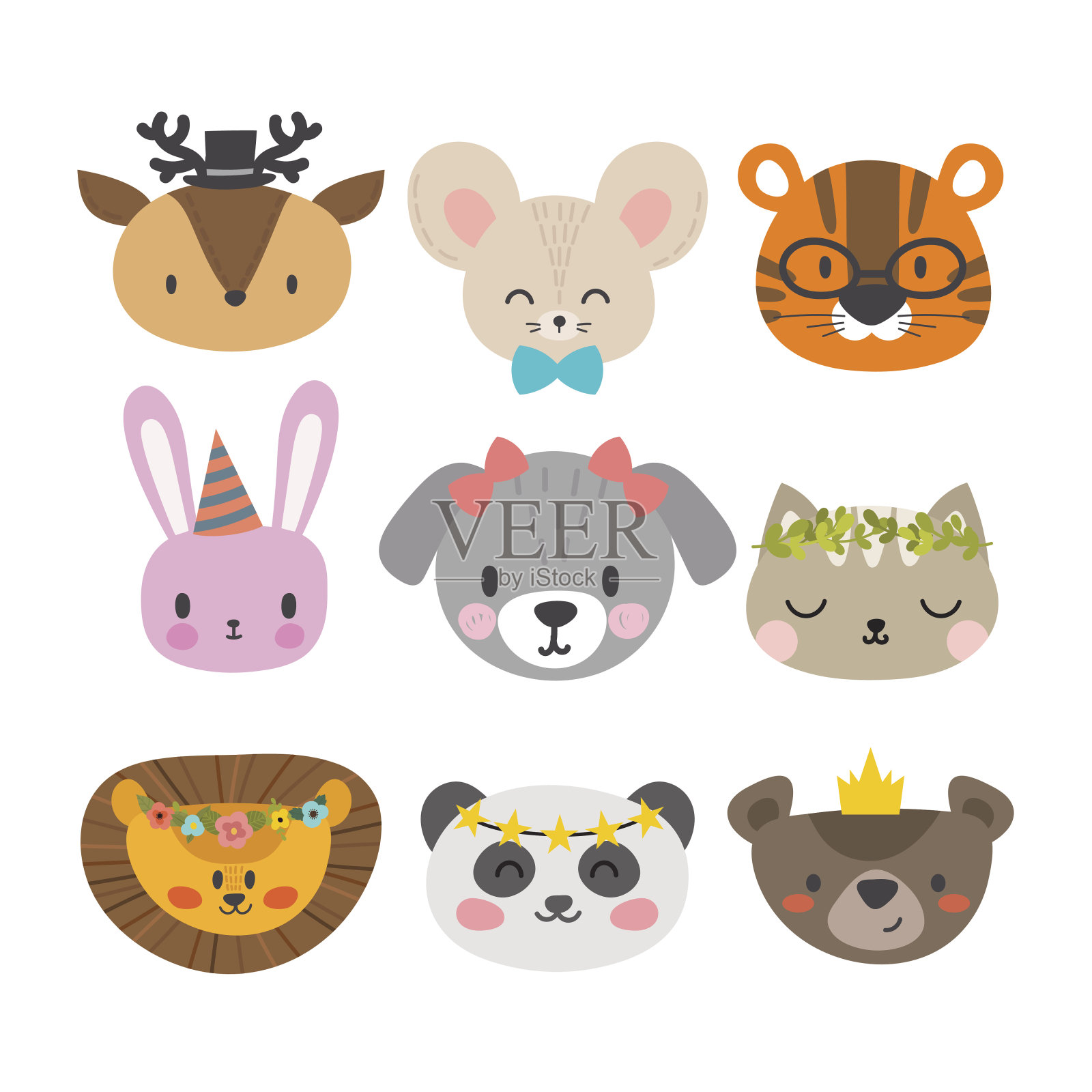 可爱的动物和有趣的配件。一套手绘微笑的字符。猫，狮子，狗，老虎，熊猫，鹿，兔子，老鼠和熊。卡通动物园设计元素图片