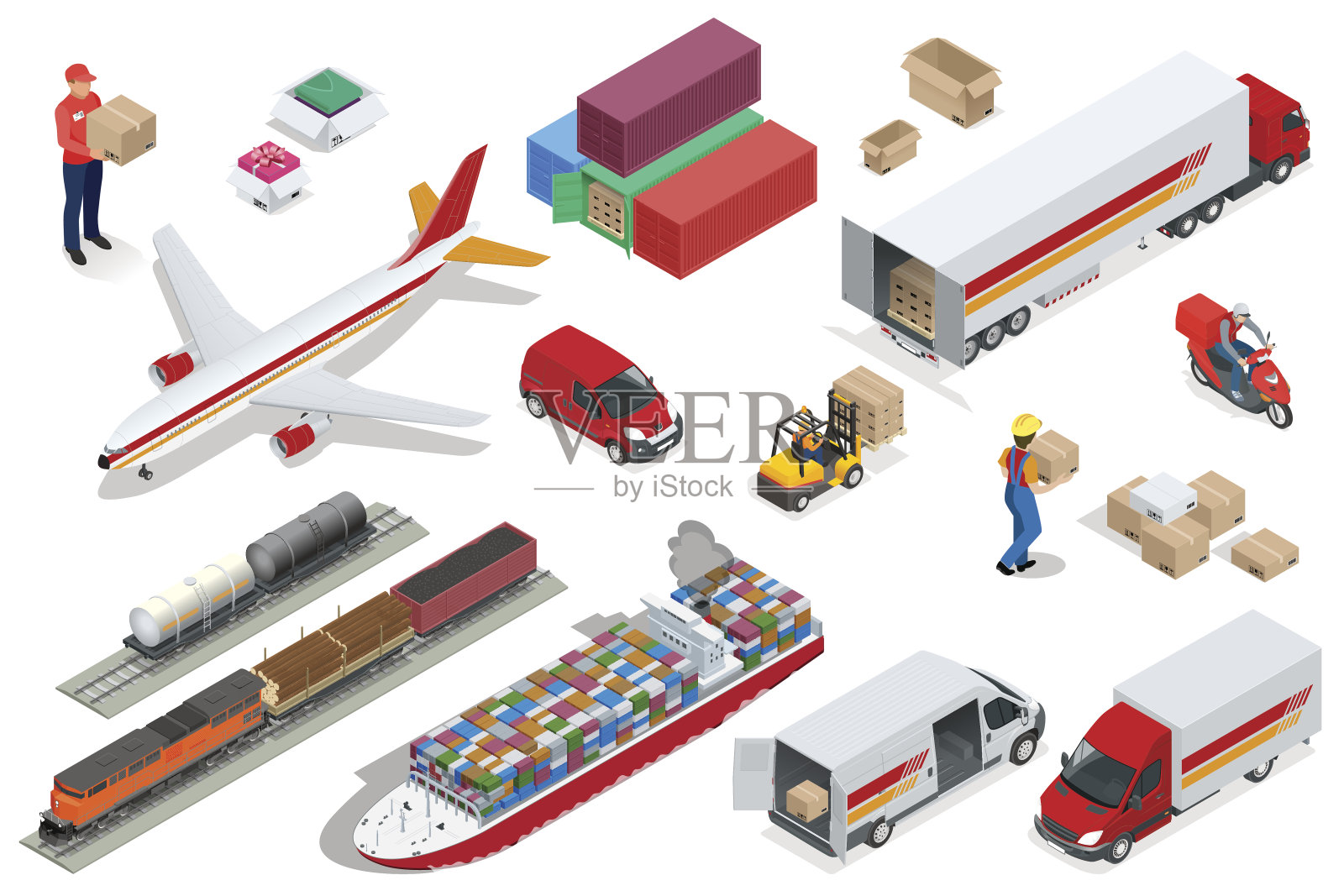 等距物流图标设置不同的运输配送车辆，交付元素。空运、铁路运输、海运、专为运载大量货物而设计的车辆设计元素图片