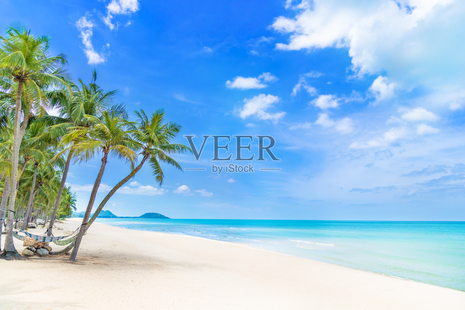 美丽的热带海滩与椰子树在蓝天的背景。照片摄影图片