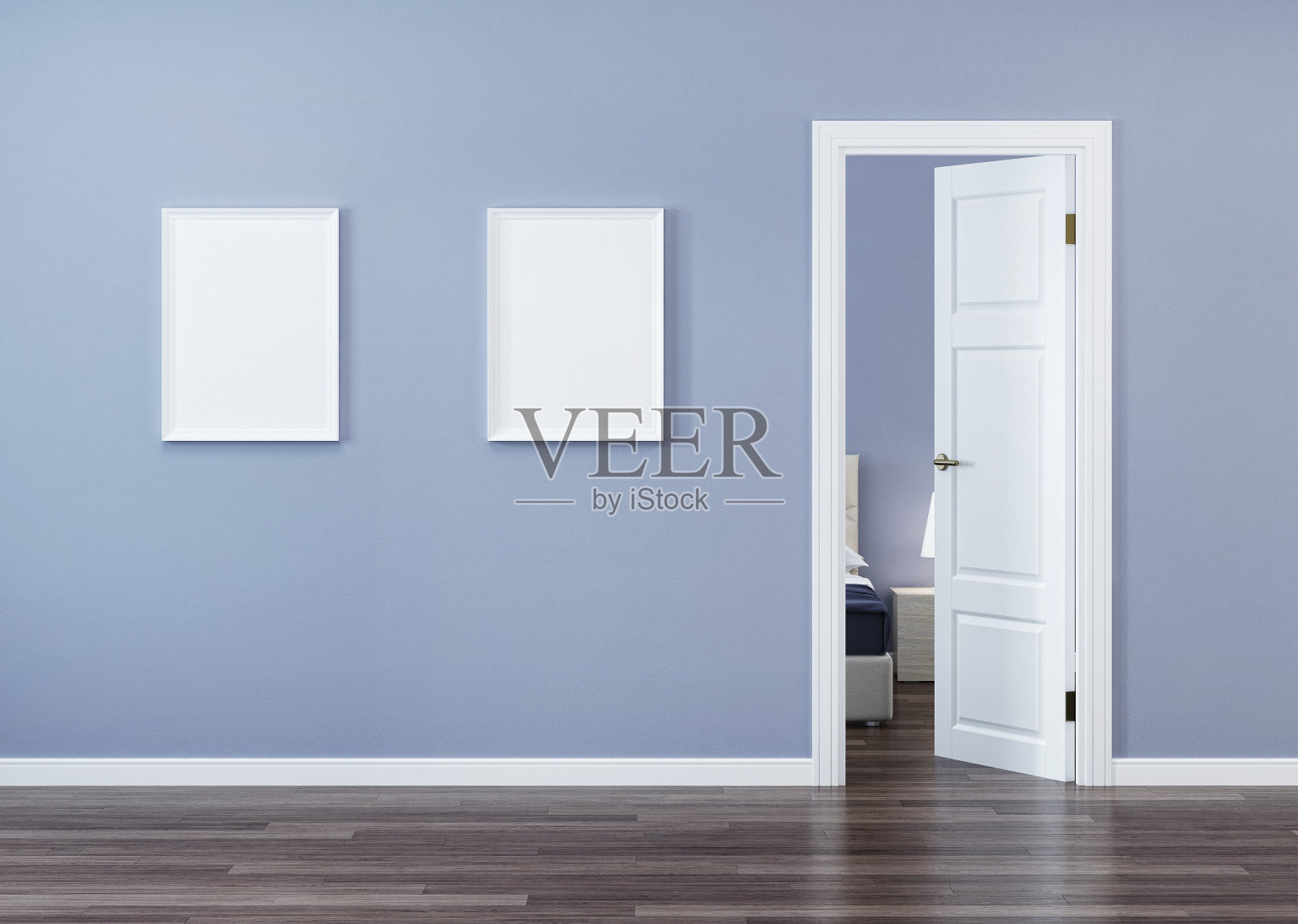 白色的门和蓝色的墙。3 d渲染。照片摄影图片