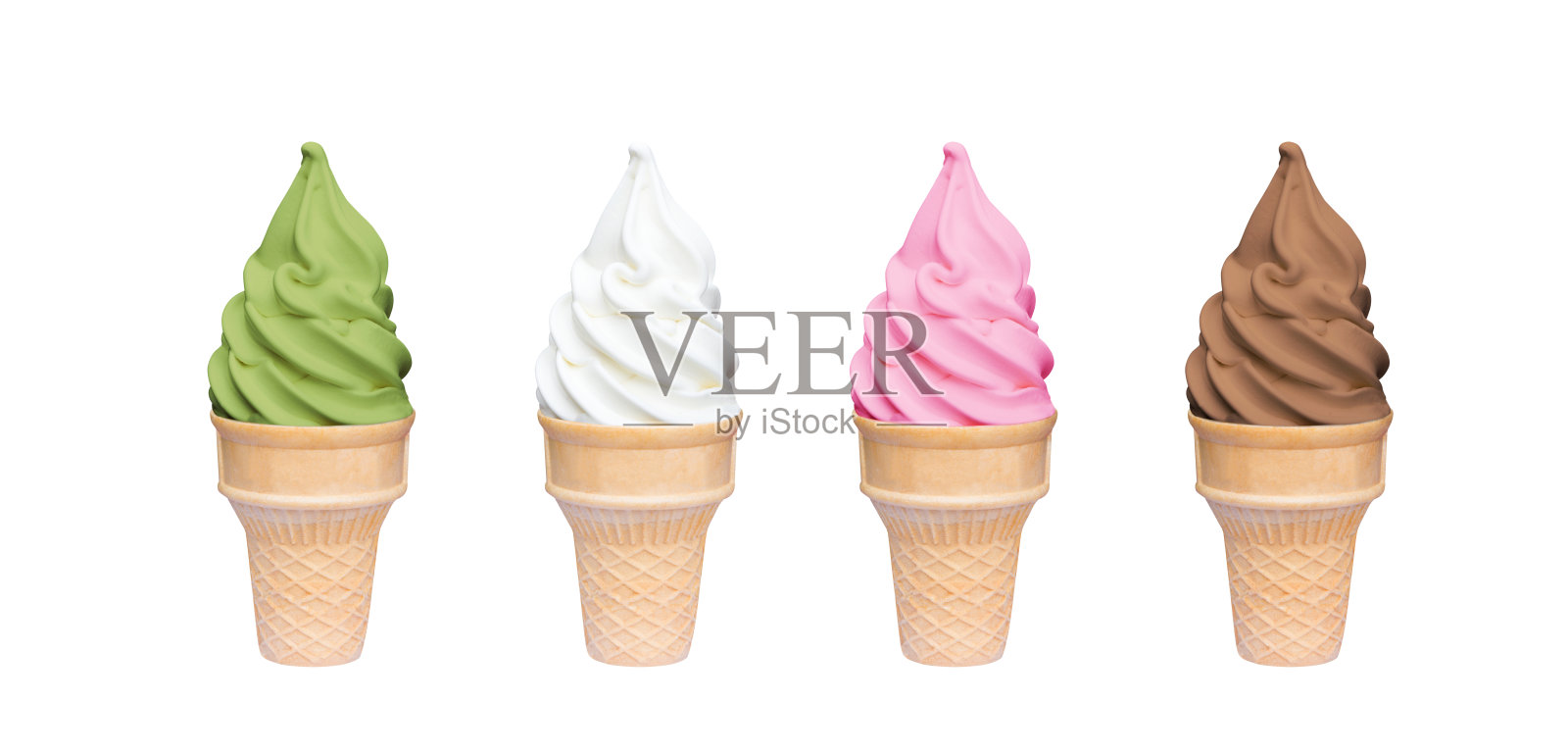 软冰淇淋香草，草莓，巧克力和绿茶口味的松脆蛋筒孤立在白色背景照片摄影图片