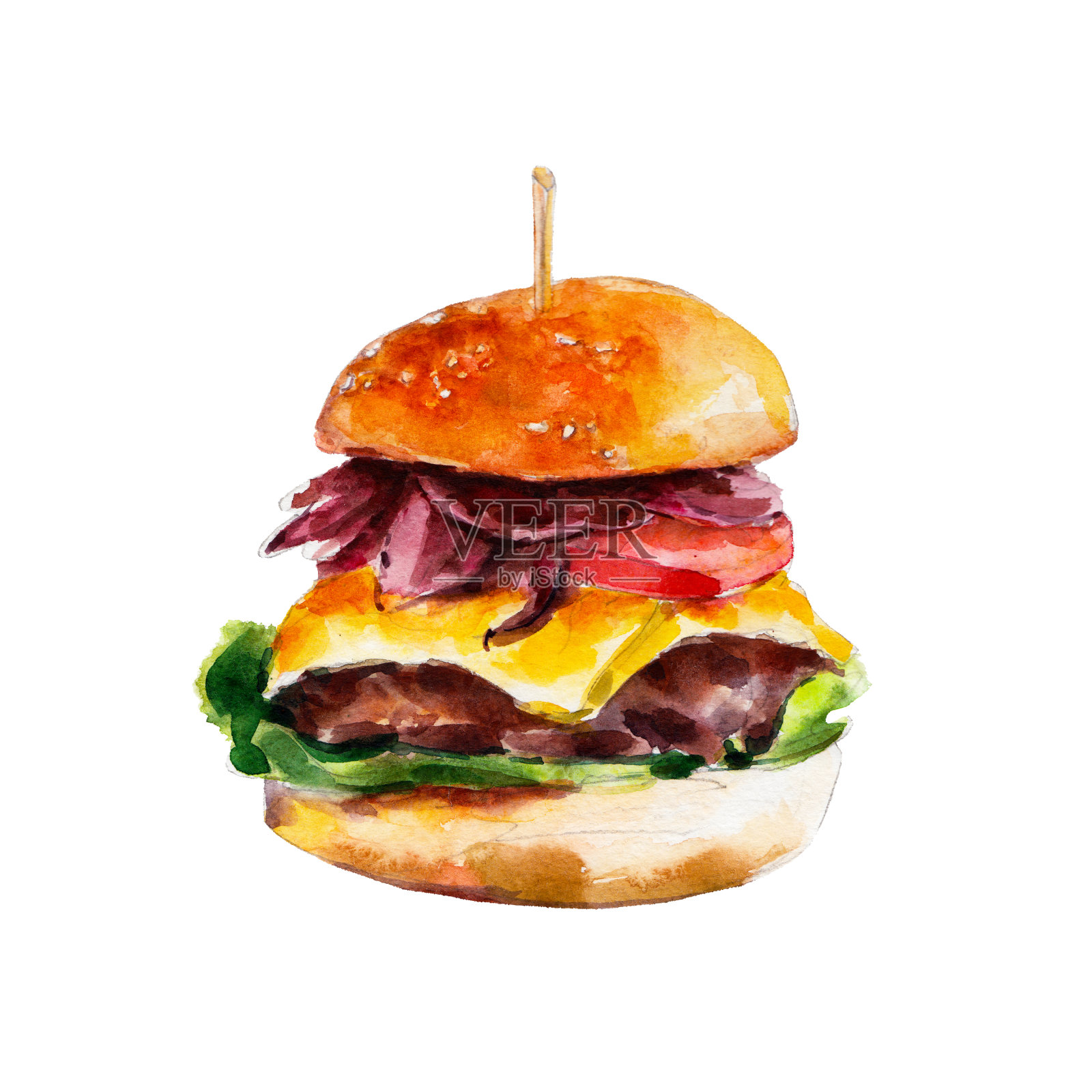 汉堡与培根和新鲜蔬菜，水彩插图孤立在白色背景。设计元素图片