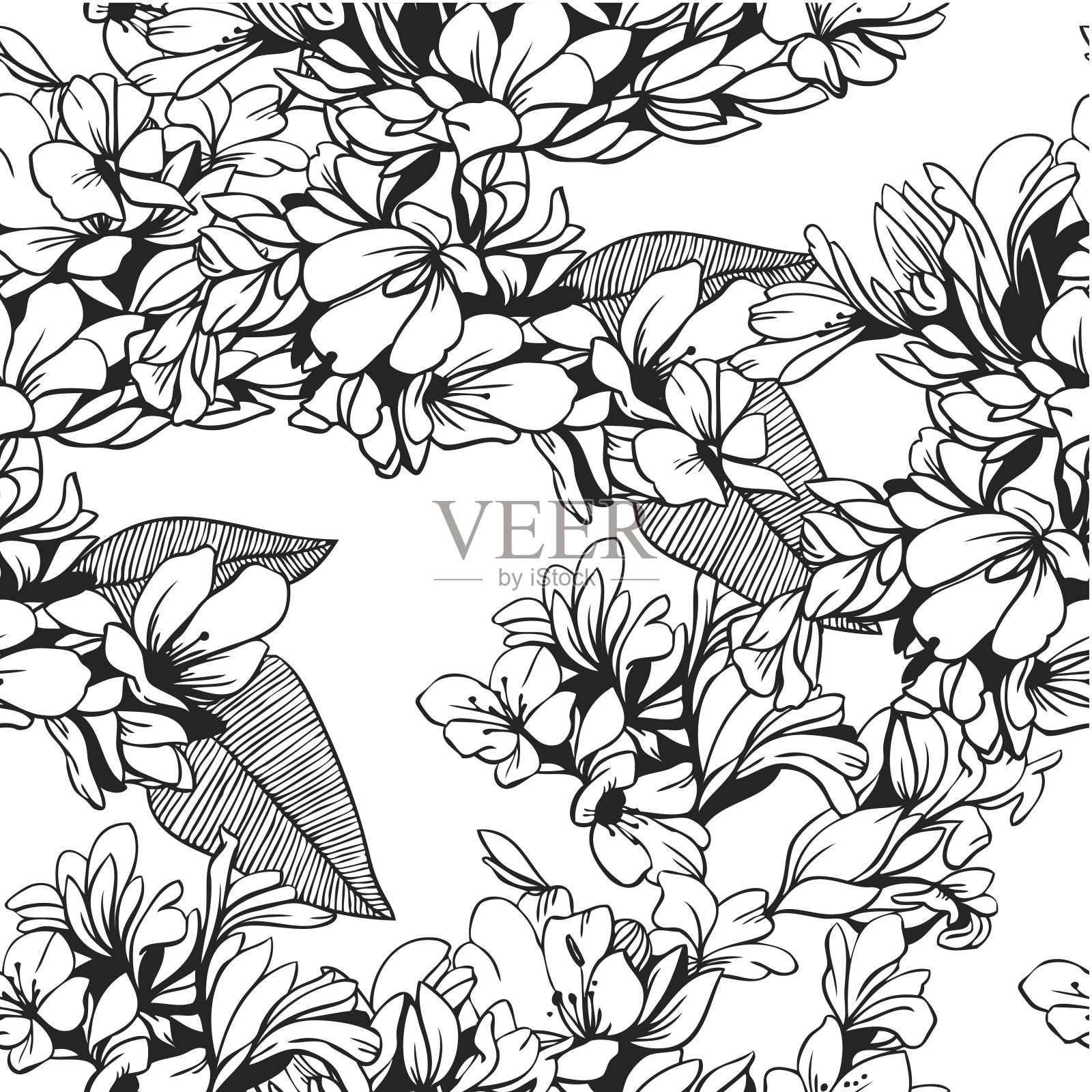 无缝单色矢量图案从抽象的花插画图片素材