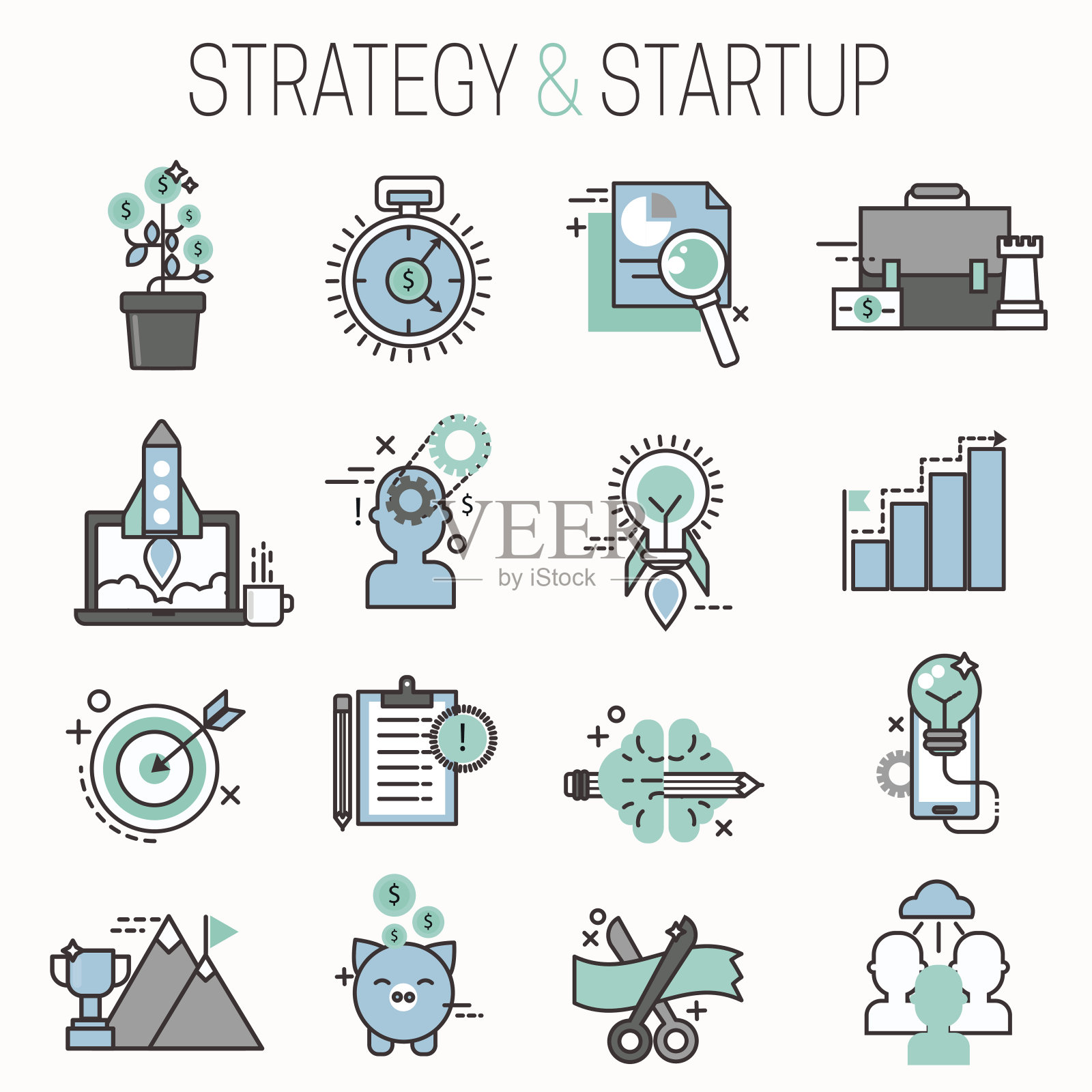 Startup and strategy outline web business icon set for websites ui management finance start up vector插图设计元素图片