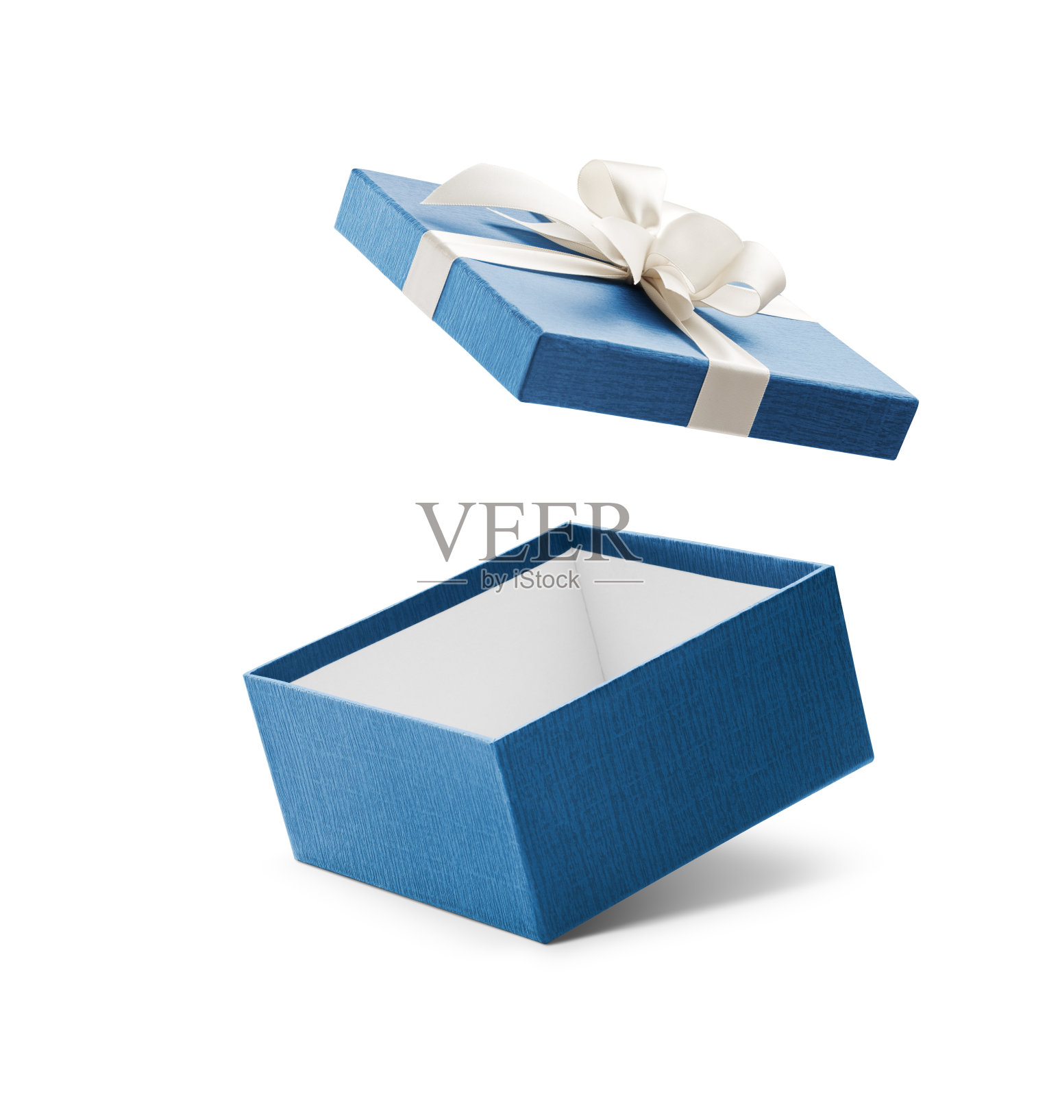 蓝色打开礼盒与白色蝴蝶结照片摄影图片
