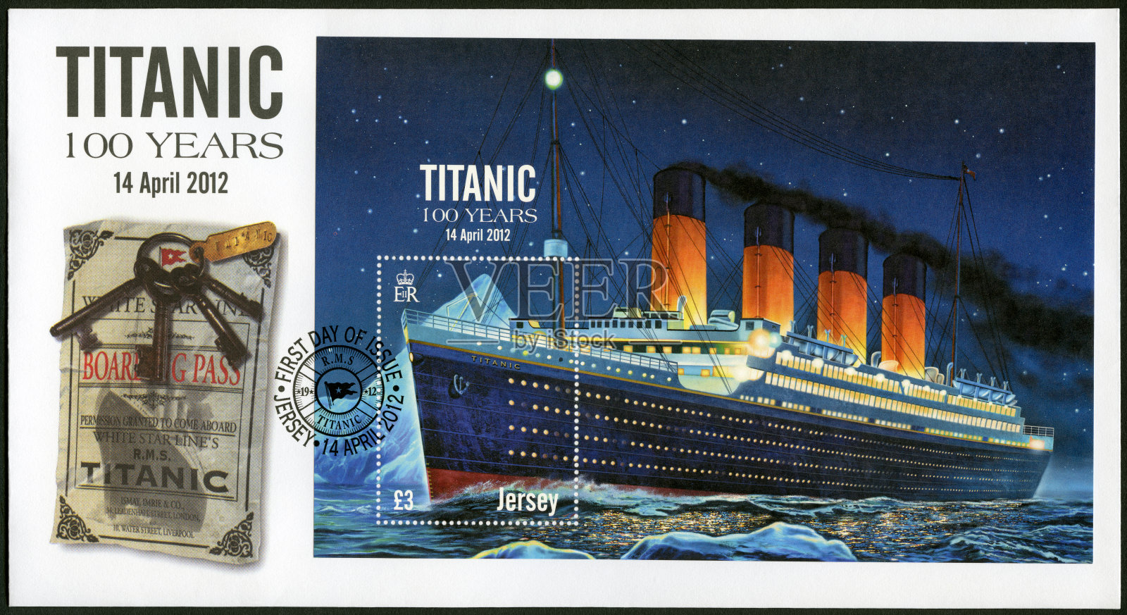邮票《泽西2012》展示了泰坦尼克号100年的历史插画图片素材