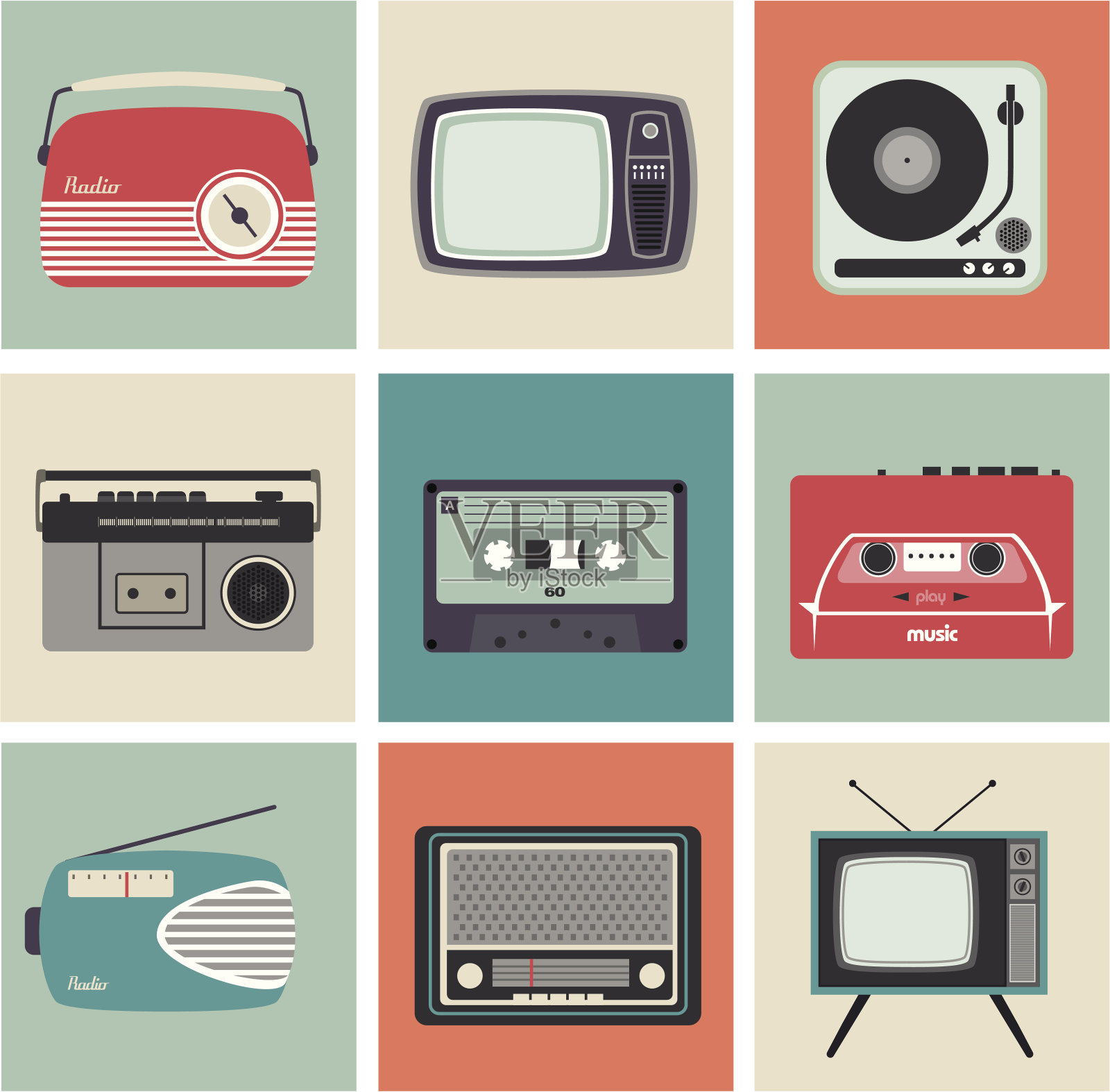 复古收音机，电视和其他电子设备插画图片素材
