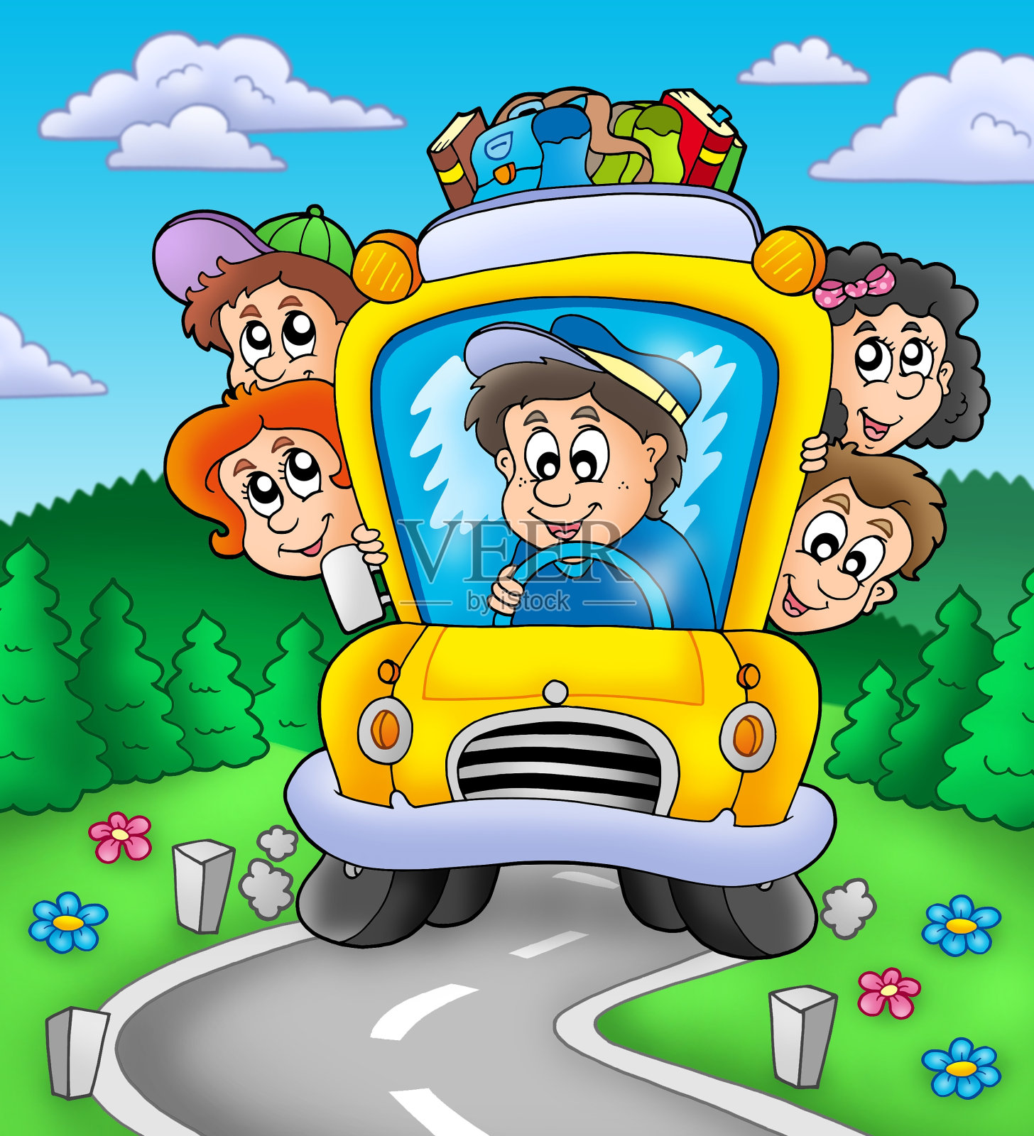 校车在路上插画图片素材