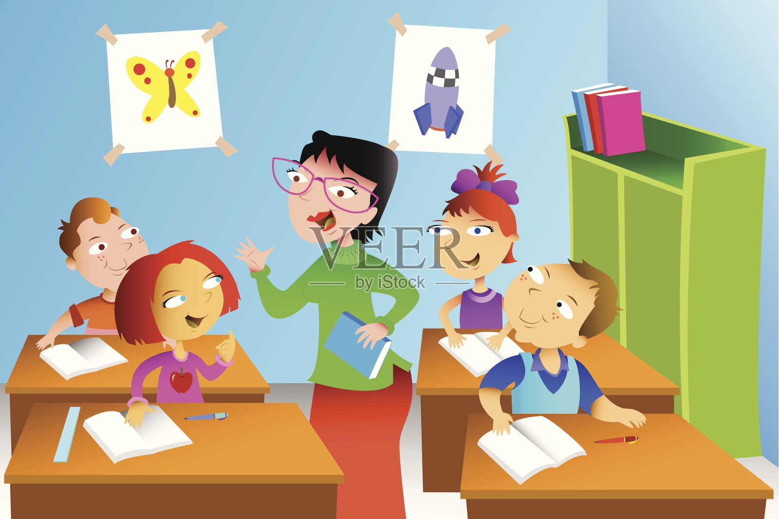 老师和学生在教室里插画图片素材