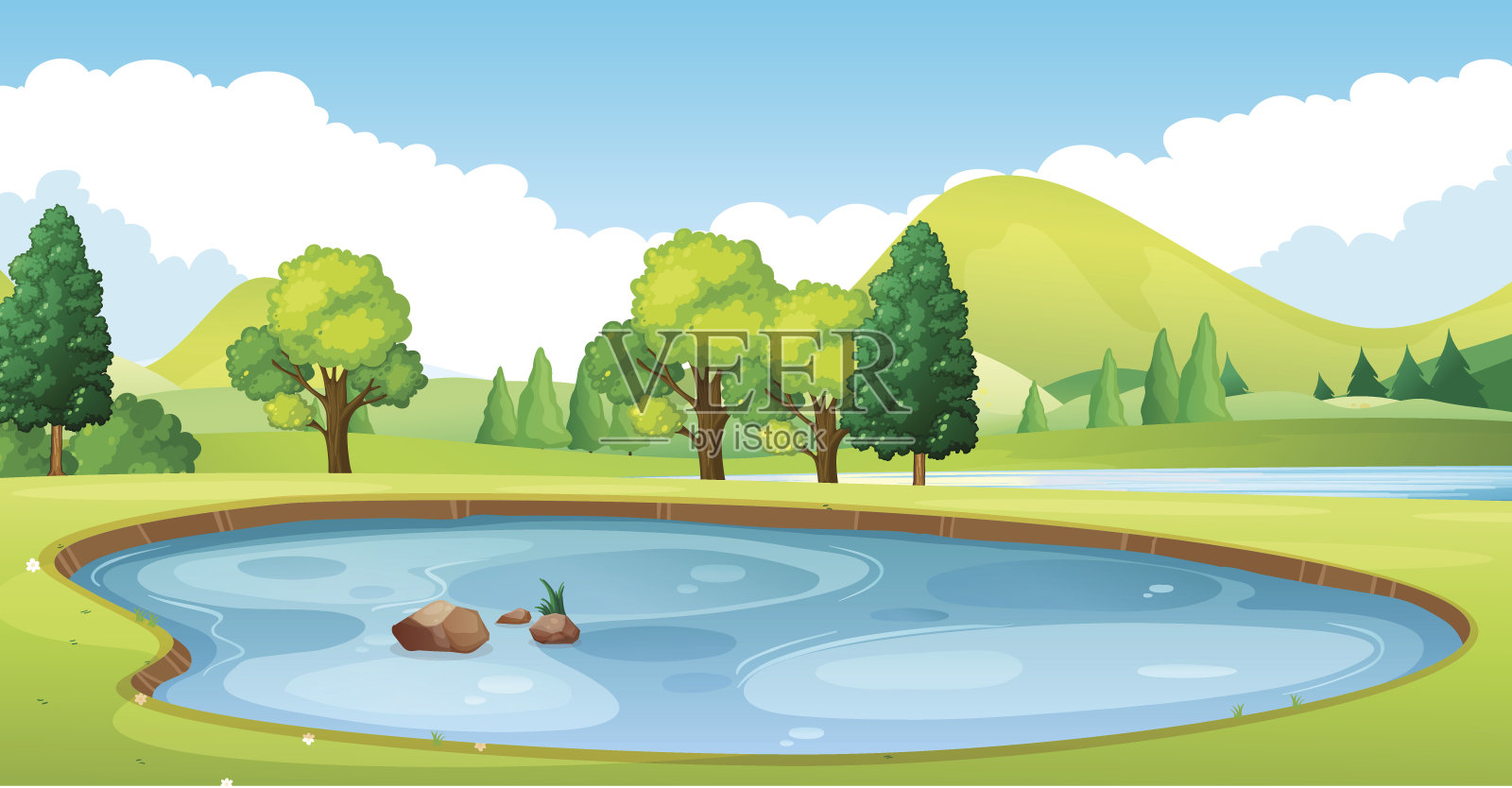 田野中有池塘的场景背景图片素材