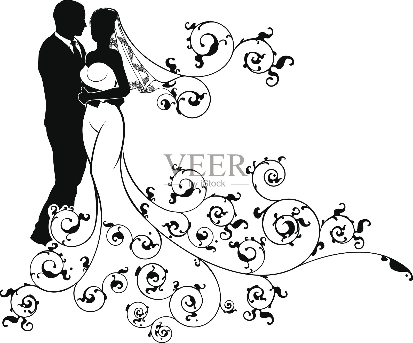 剪影新娘和新郎婚礼插图插画图片素材