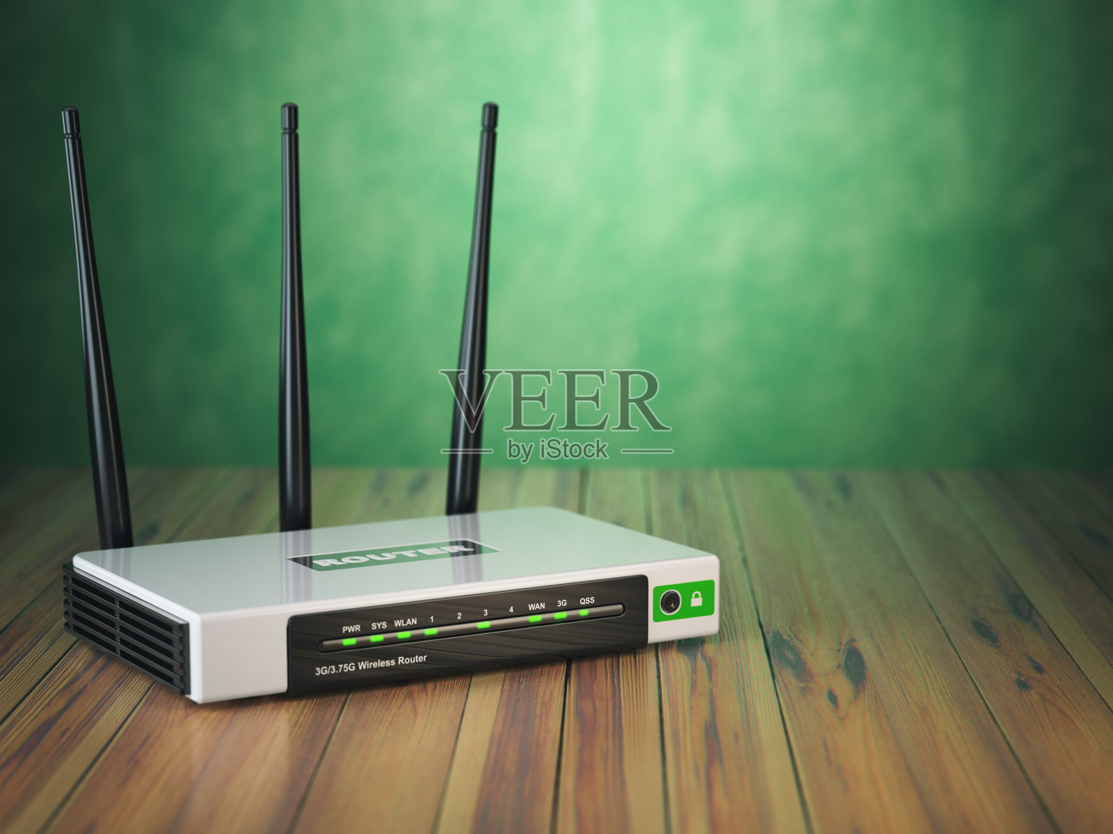 木桌子上有Wi-Fi无线网络路由器，绿色背景。照片摄影图片