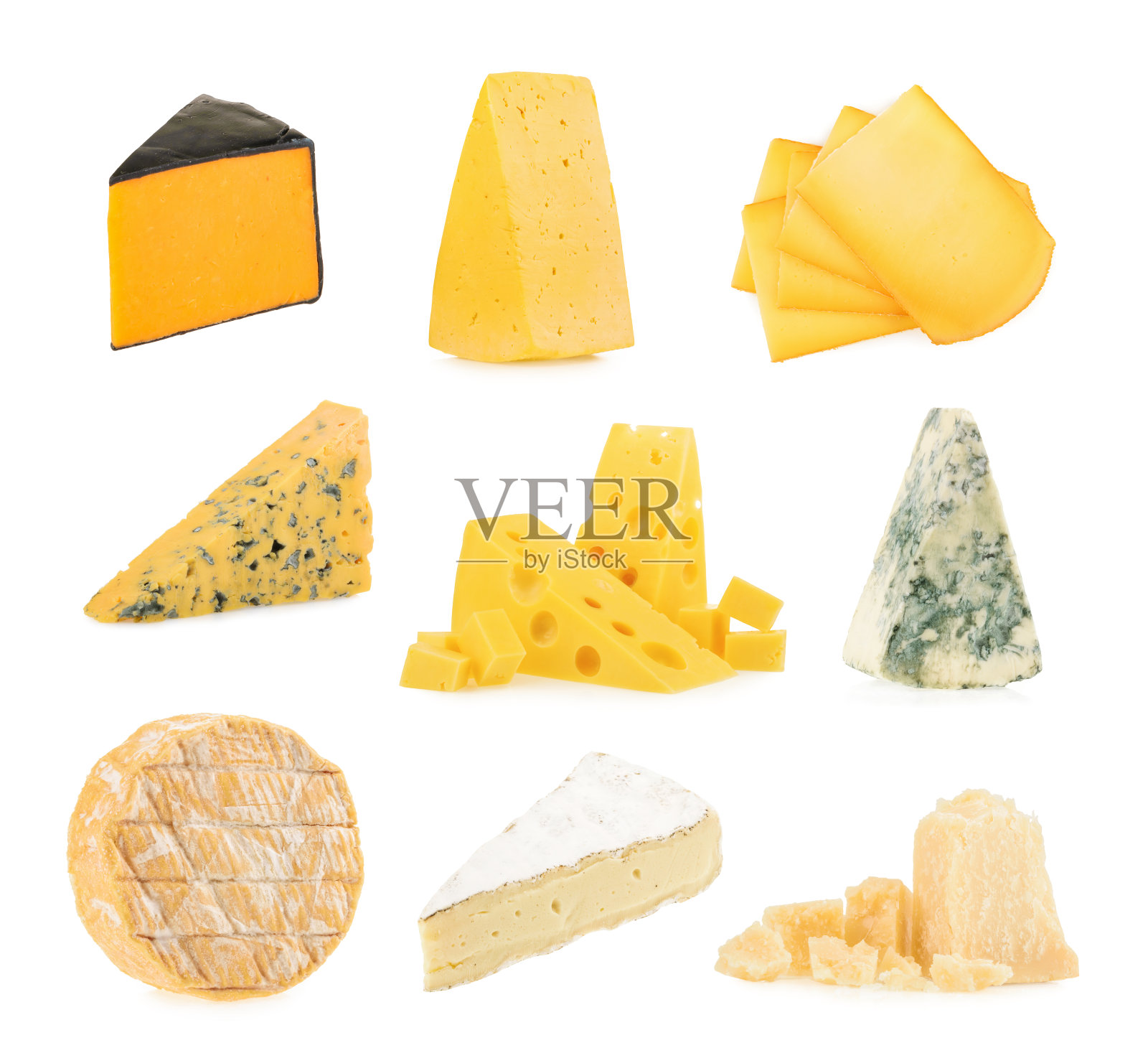 不同种类的奶酪在白色背景下分离。照片摄影图片
