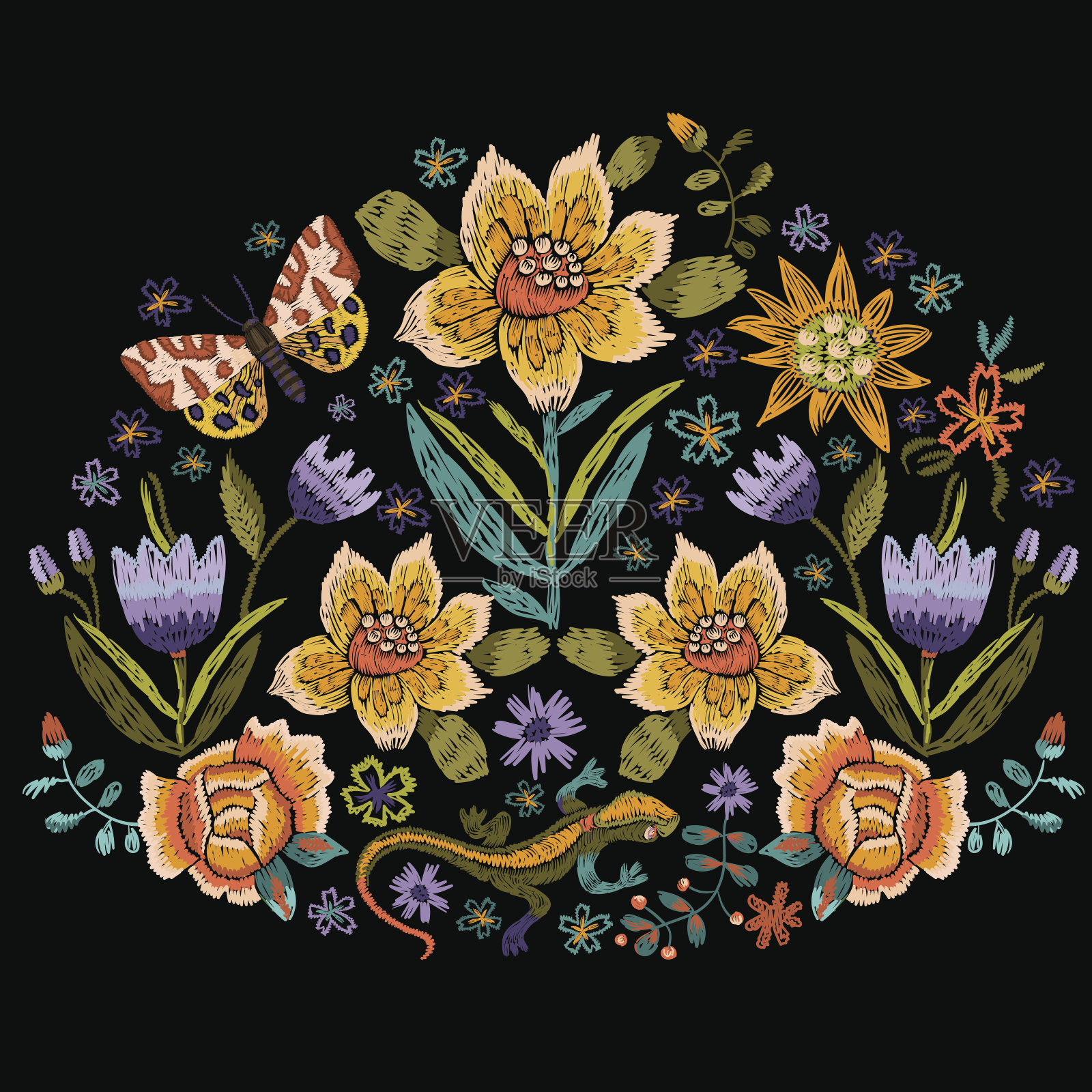刺绣民间图案与玫瑰，向日葵和蛾。插画图片素材