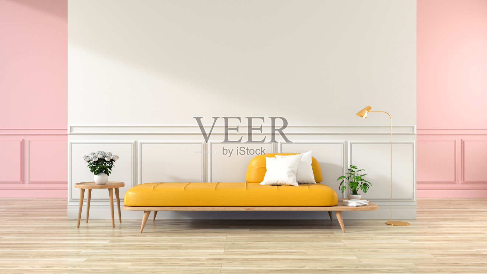 极简主义的客厅内饰，木地板上的黄色沙发和白色墙壁。, 3 d渲染照片摄影图片