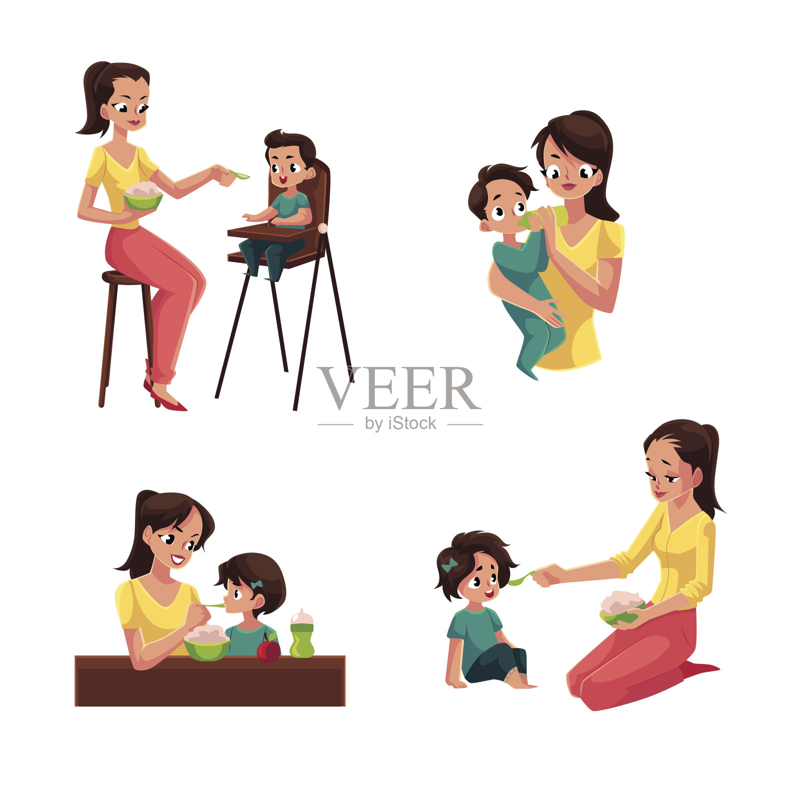 母亲给她的孩子，儿子，女儿，坐着，站着插画图片素材