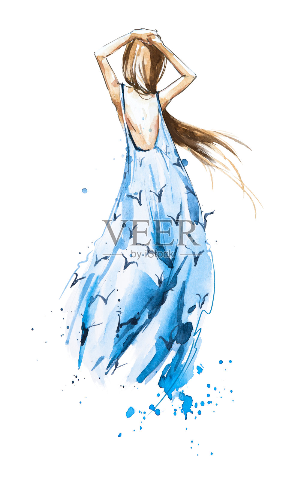 水彩时尚插画，女孩在夏天的连衣裙看在远处插画图片素材