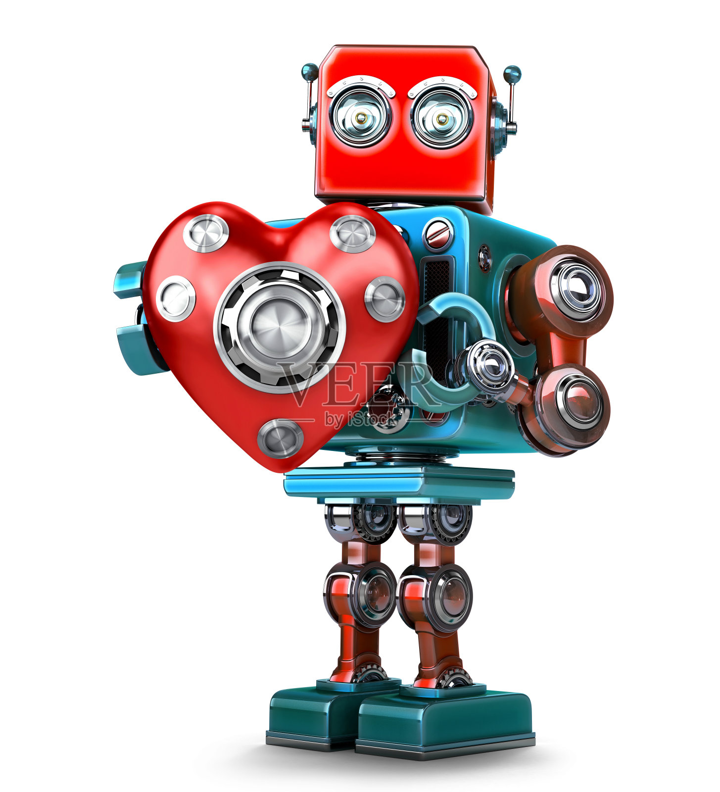 可爱的3d复古机器人，红心。孤立。包含剪切路径照片摄影图片