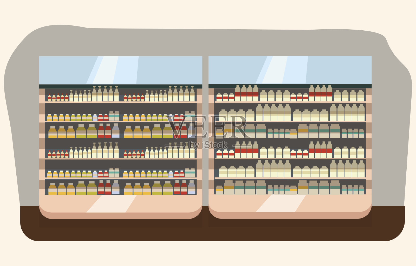 乳品部、超市牛奶货架用新鲜健康食品，大选择有机农产品在食品店内部销售，店内用酸奶和奶酪矢量插图插画图片素材