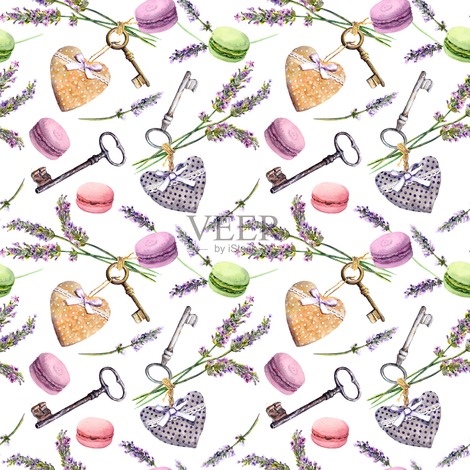 法国乡村背景-薰衣草花，杏仁饼干，复古钥匙，纺织心形。无缝模式。水彩插画图片素材