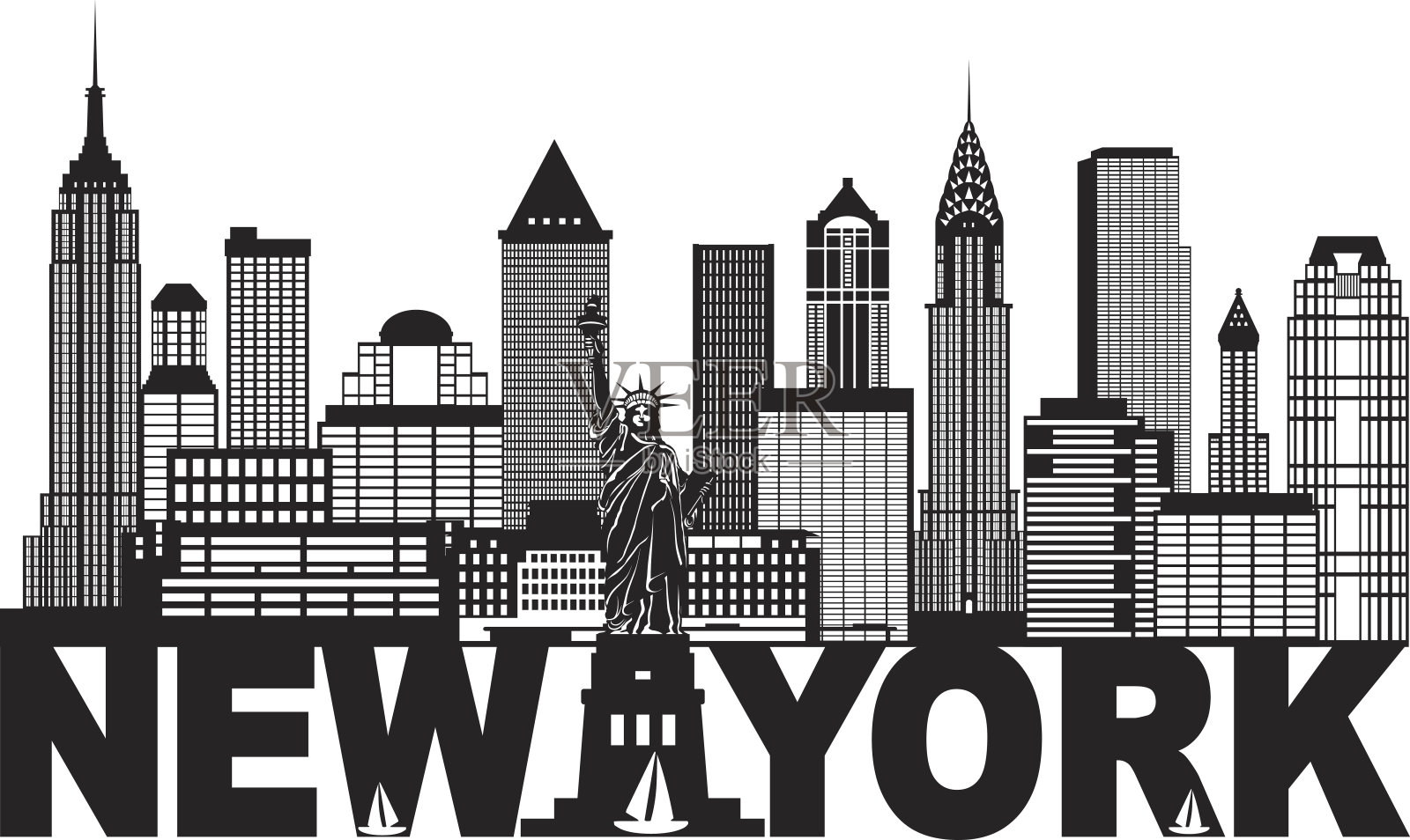 纽约市天际线和文本黑白插图插画图片素材