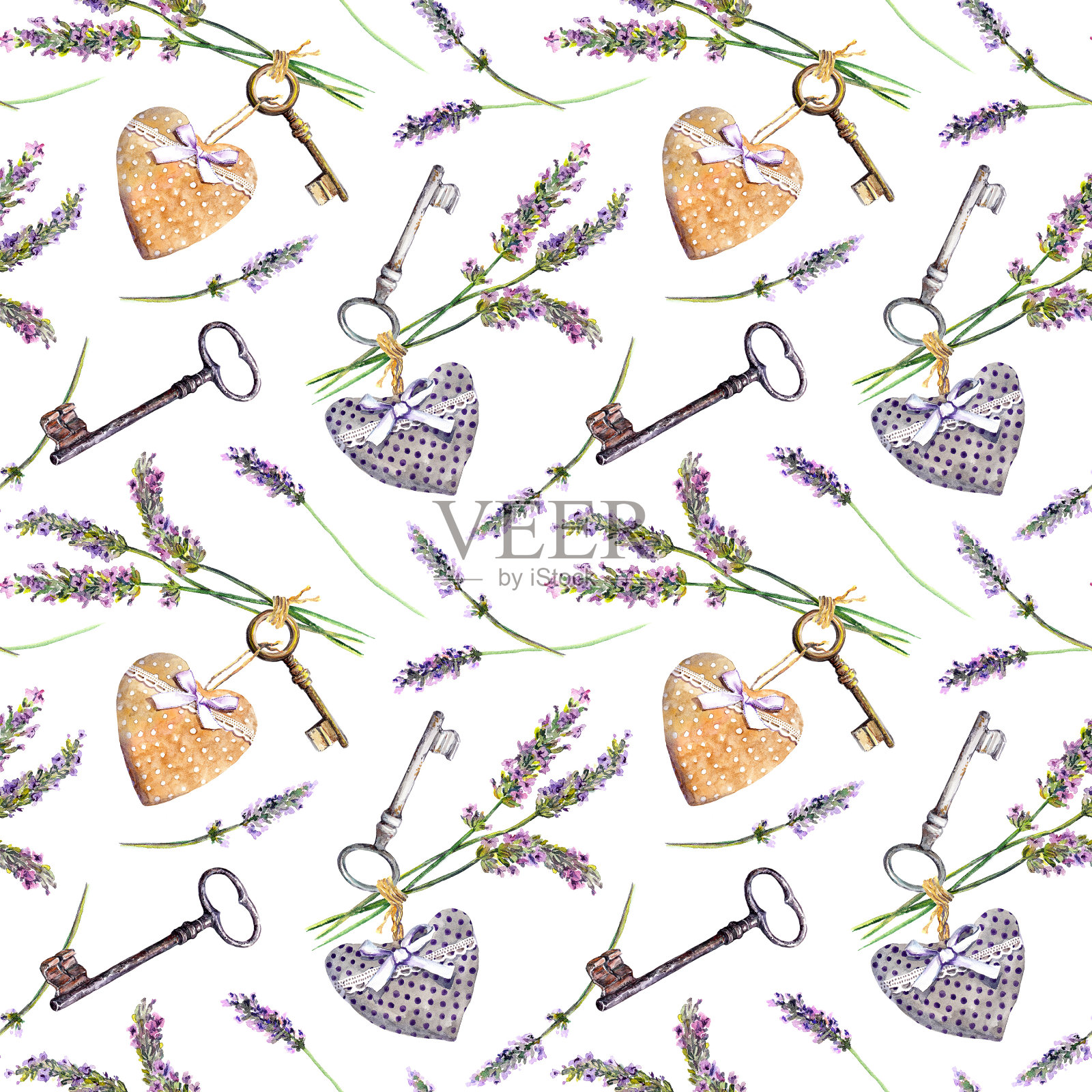 普罗旺斯的背景-薰衣草花，旧钥匙，纺织心。无缝模式，普罗旺斯乡村风格。水彩插画图片素材