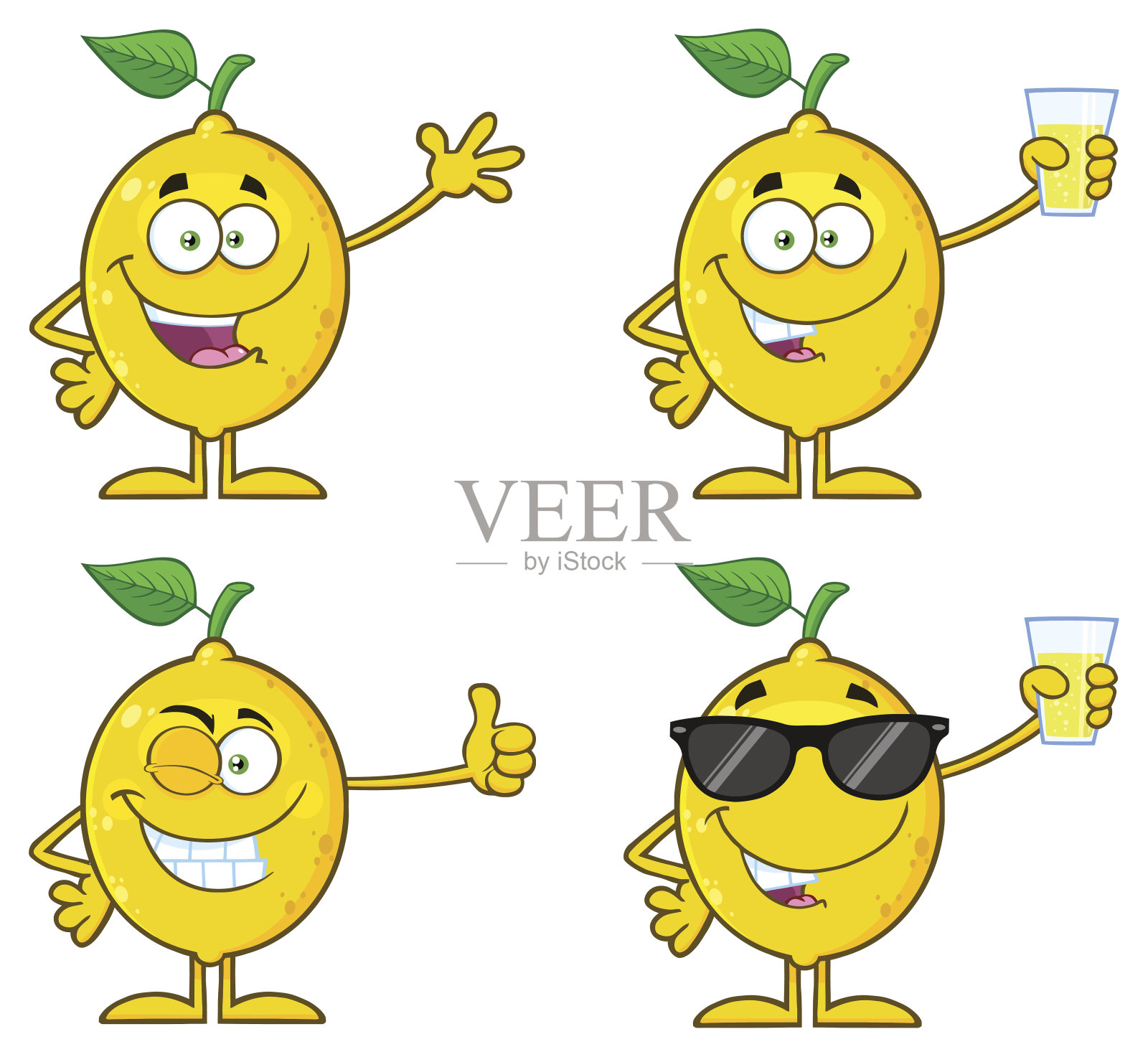 黄色柠檬新鲜水果与绿叶卡通吉祥物人物1。收藏集插画图片素材