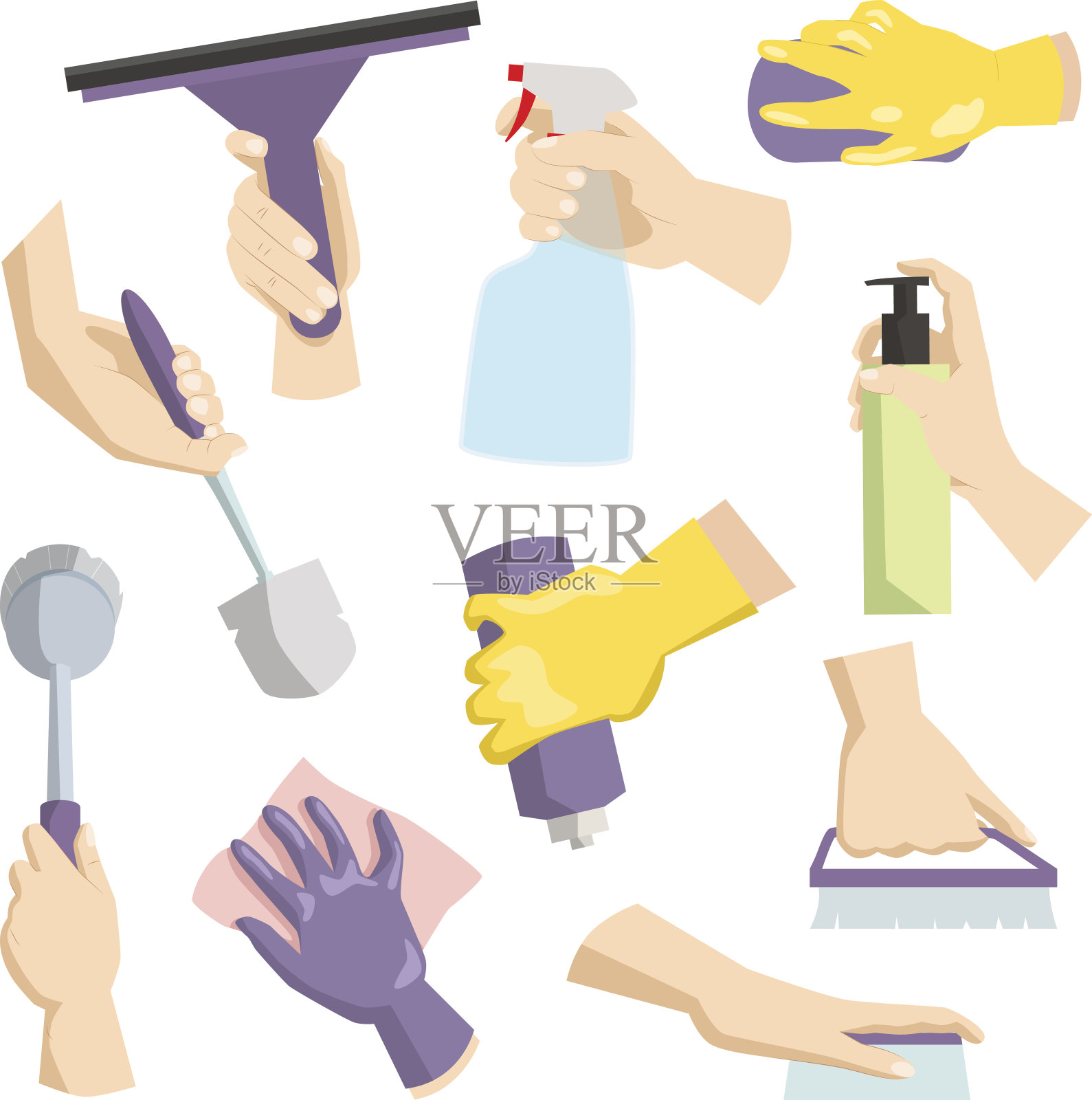 清洁工具在家庭主妇手中完美的为家务包装和家庭卫生厨房用具清洁服务的概念矢量插图插画图片素材