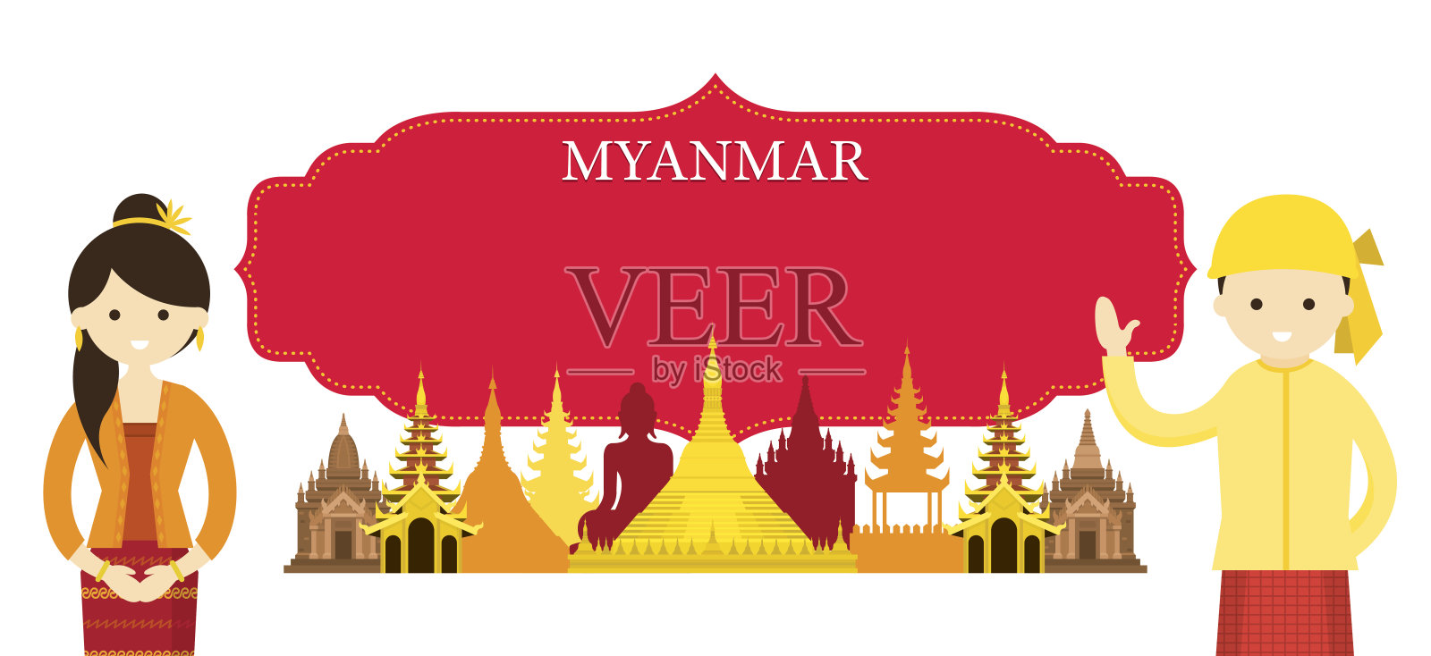缅甸地标和穿着传统服装的人们插画图片素材