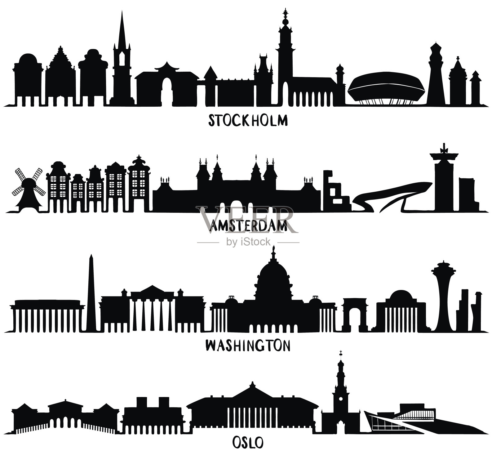 侧影。斯德哥尔摩，阿姆斯特丹，华盛顿，奥斯陆插画图片素材