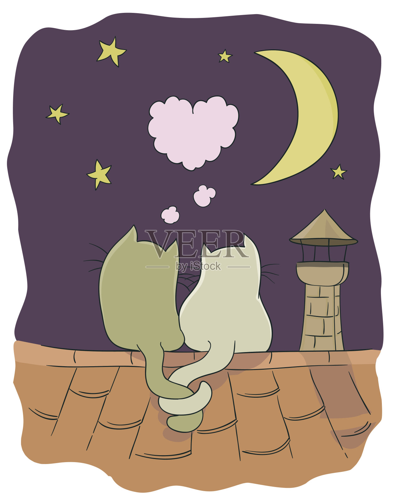 两只可爱的小猫在一个有心形泡泡的屋顶上，月亮，星星，烟囱。矢量卡通插图的浪漫主题设计元素图片
