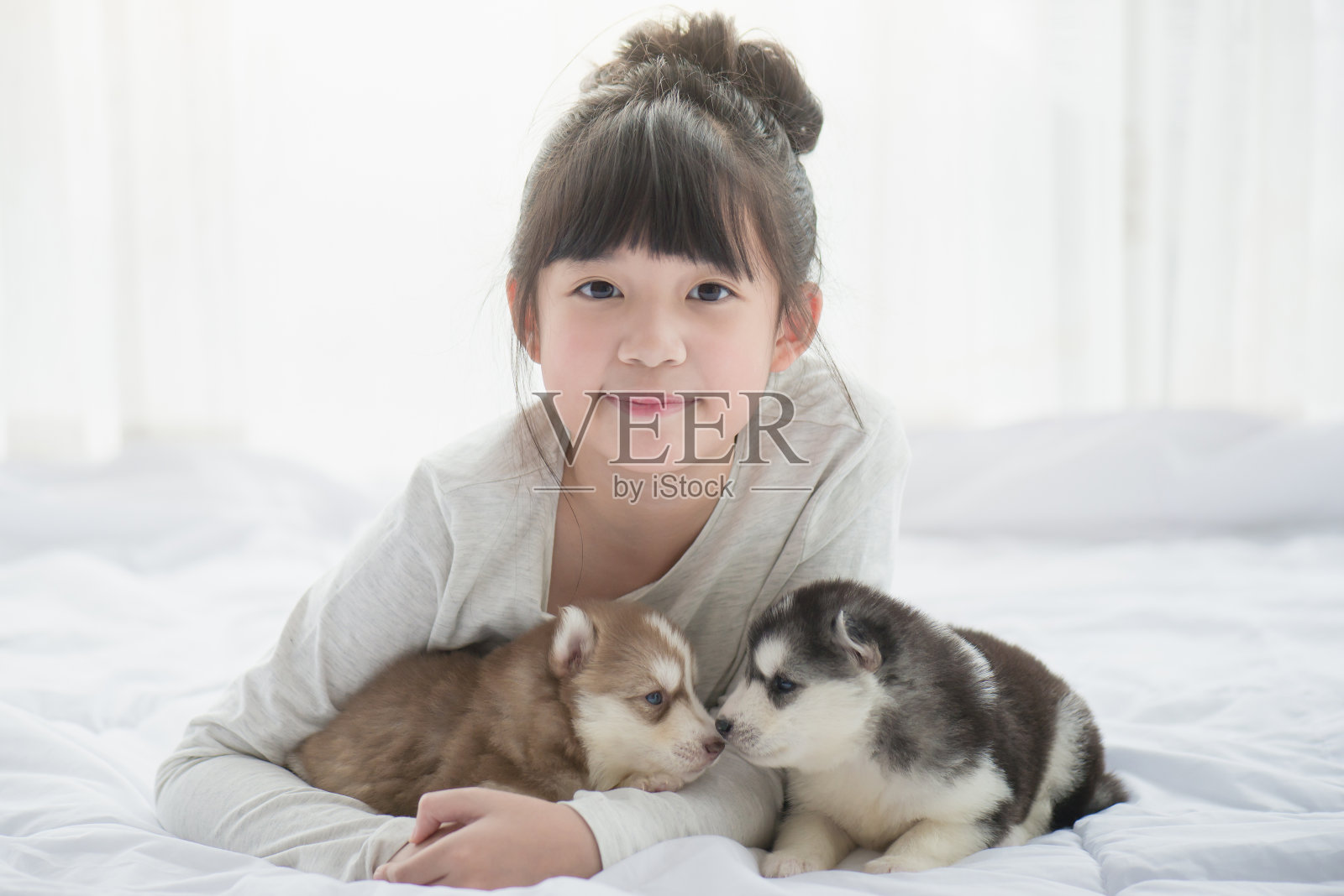 亚洲女孩和两只西伯利亚哈士奇小狗躺在床上照片摄影图片